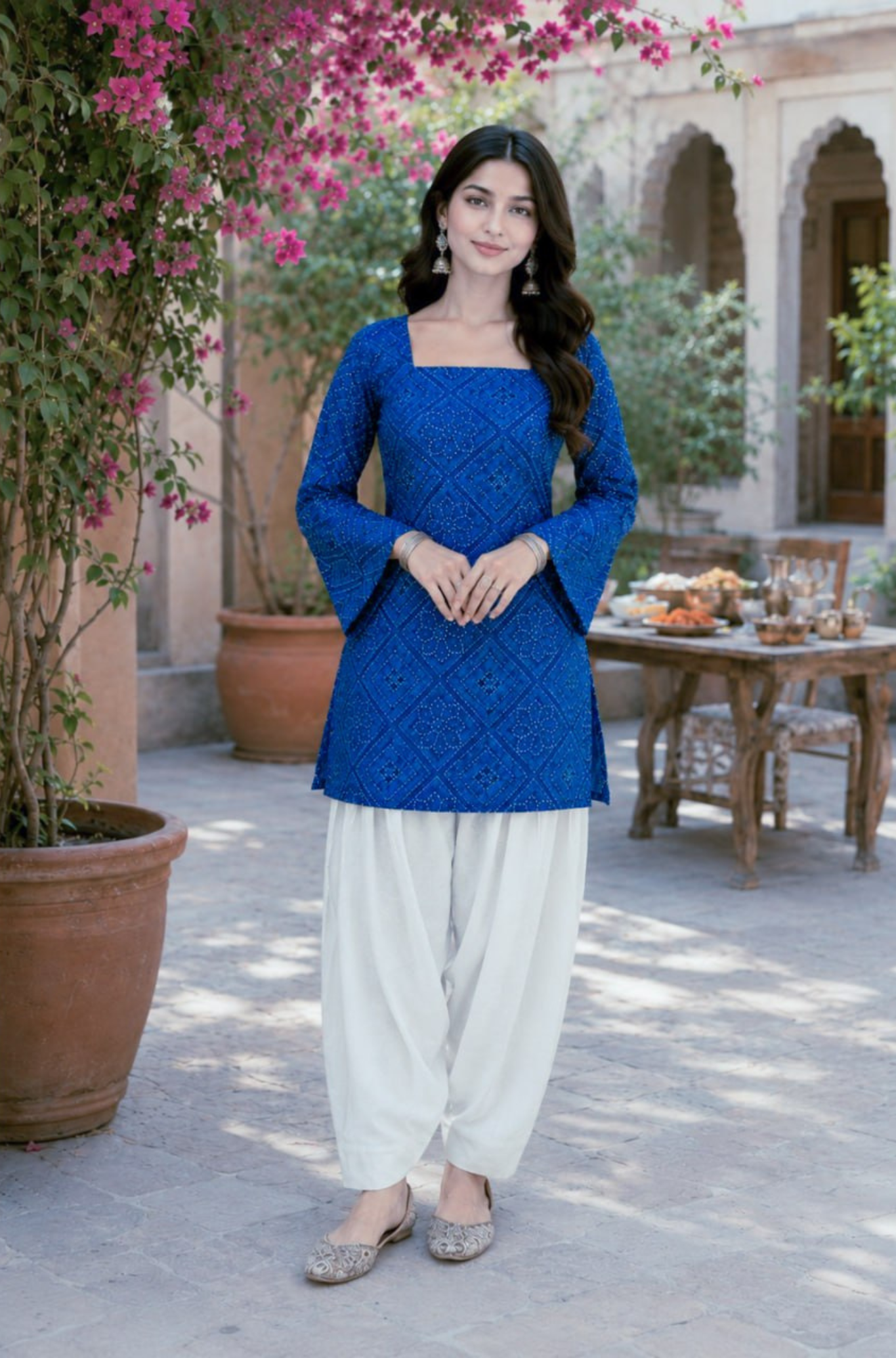 Women's Designer Bandhani Print Cotton Short Kurti Set