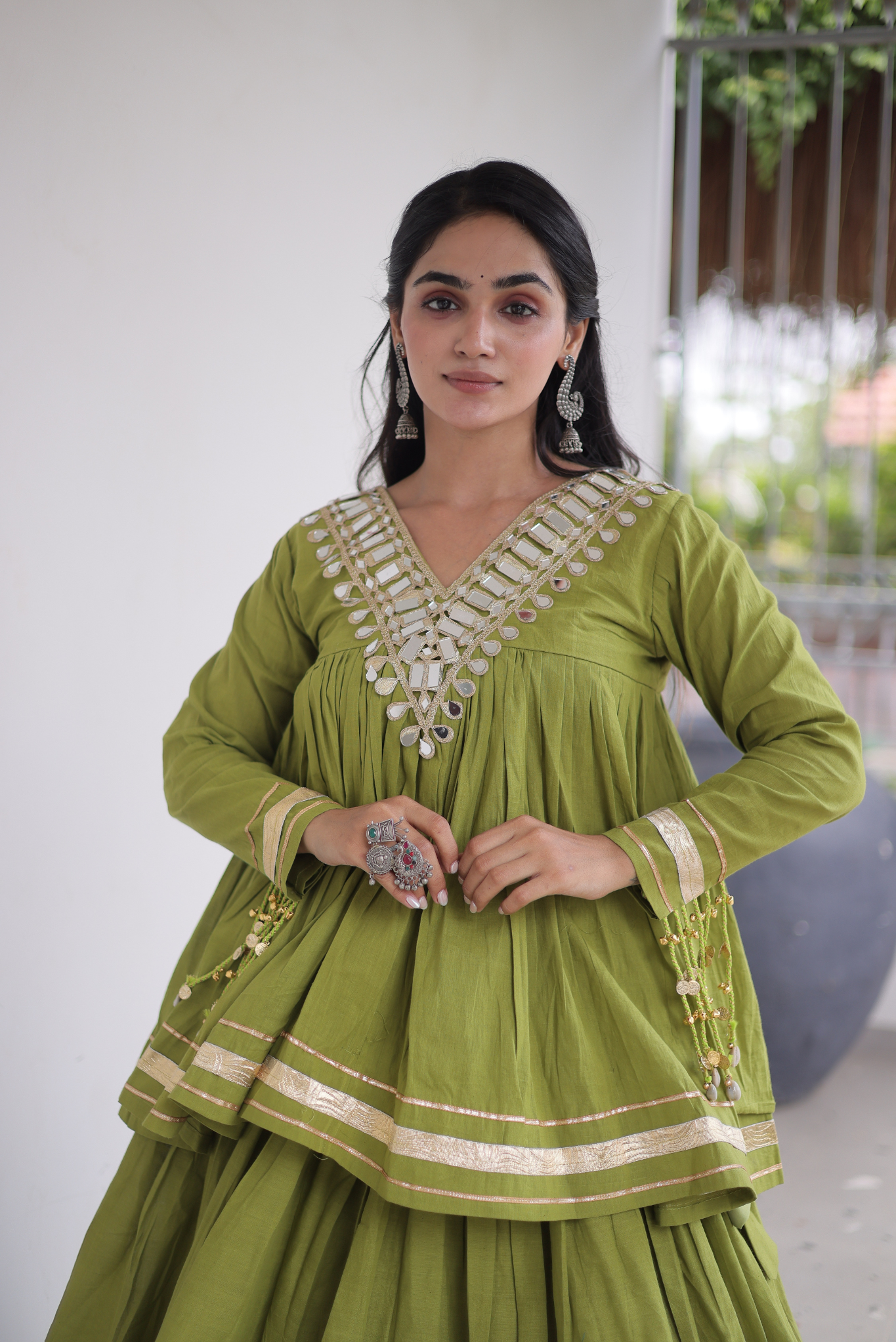 Women's Designer Ethnic Co-Ord Set with Mirror Work Peplum Top & Long Flared Skirt