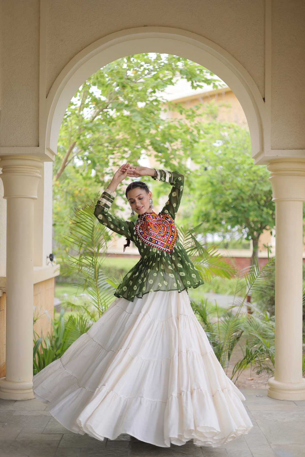 Women’s Designer Black Embroidered Peplum Top with White Flared Lehenga Skirt