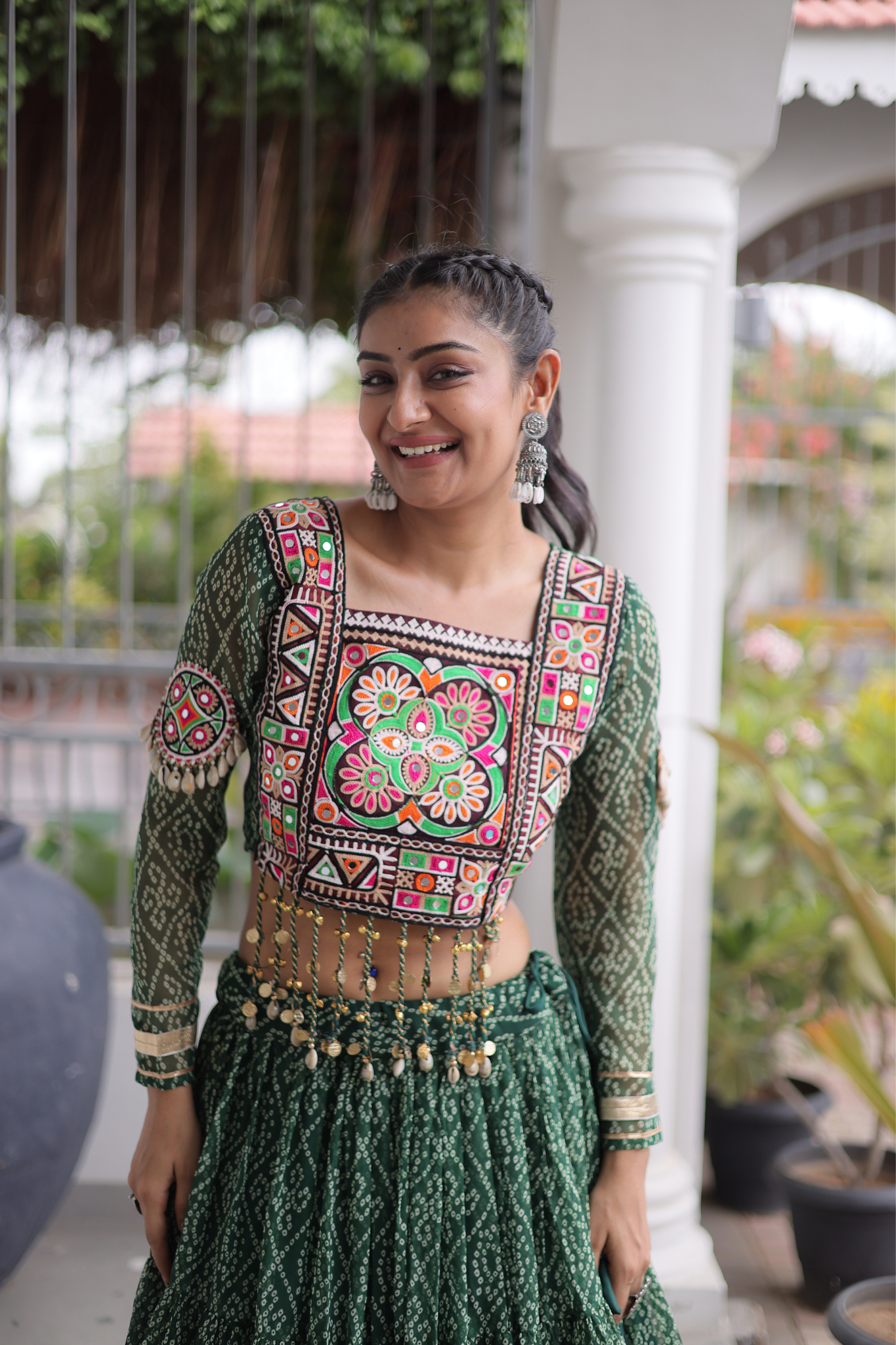 Women's Bandhani Printed Navratri Lehenga Choli Set with Kutchi Gamthi Embroidered Mirror Work Blouse