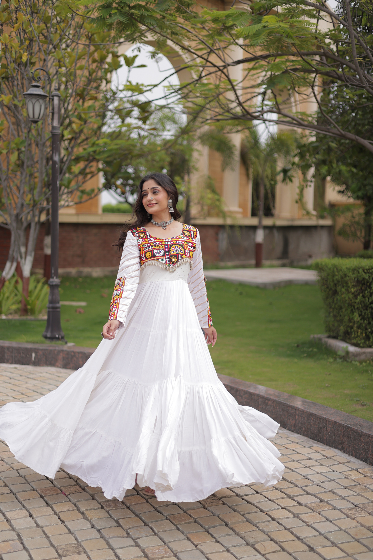 Designer Navratri Anarkali Gown with Traditional Handcrafted Yoke & Tassel Detailing