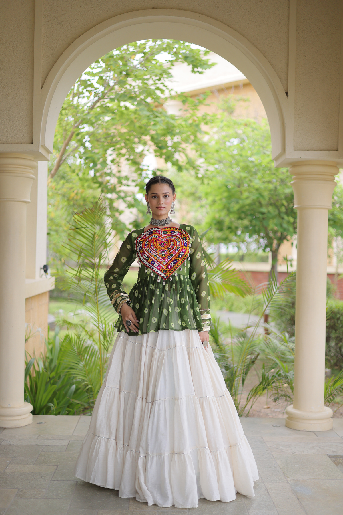Women’s Designer Black Embroidered Peplum Top with White Flared Lehenga Skirt