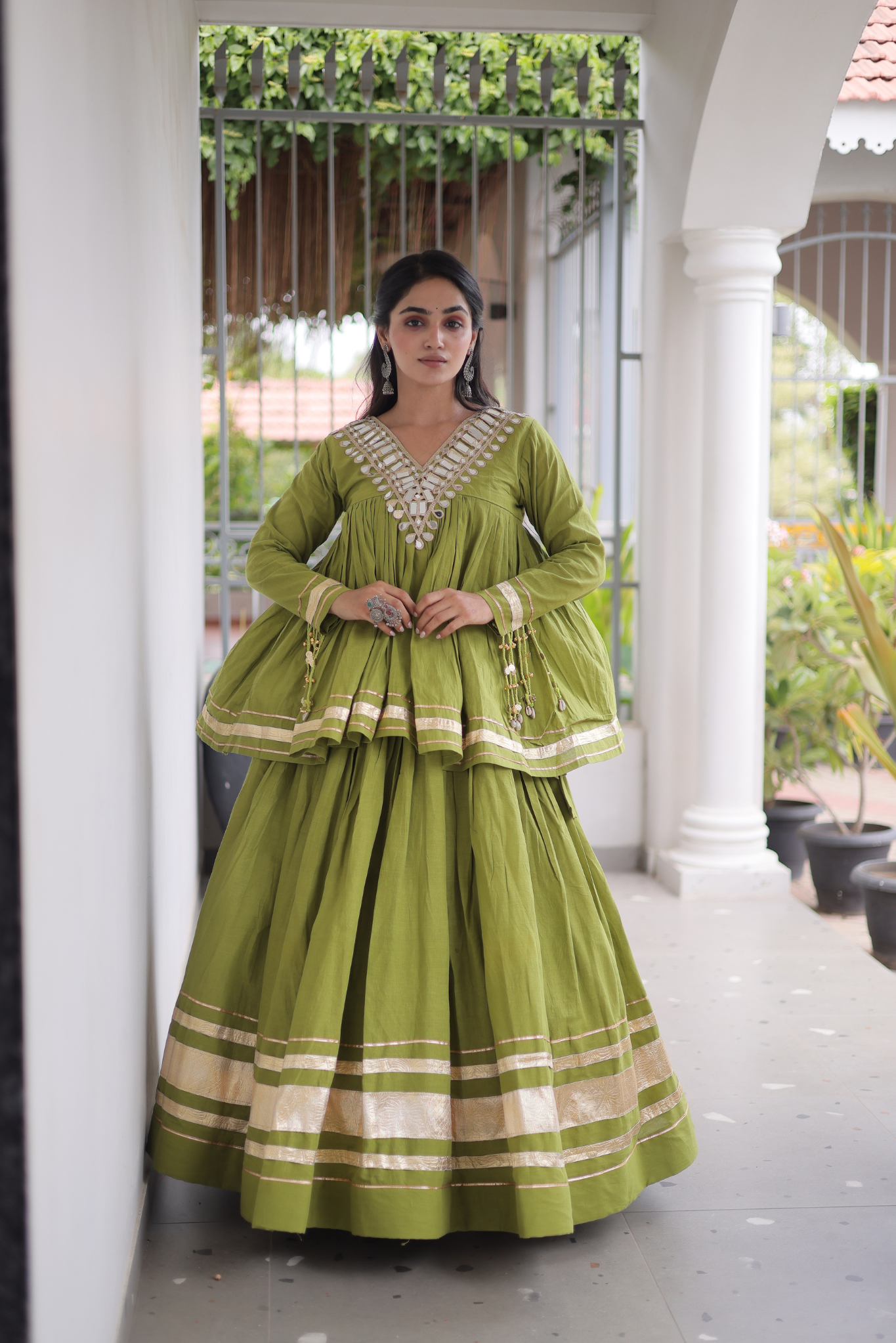 Women's Designer Ethnic Co-Ord Set with Mirror Work Peplum Top & Long Flared Skirt