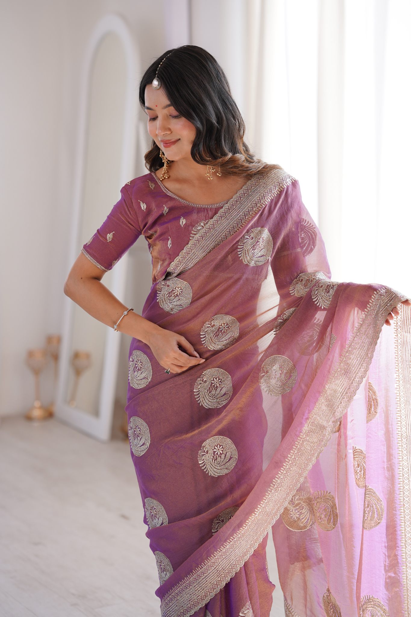 Women Organza Saree with Silver Zari Embroidery Border