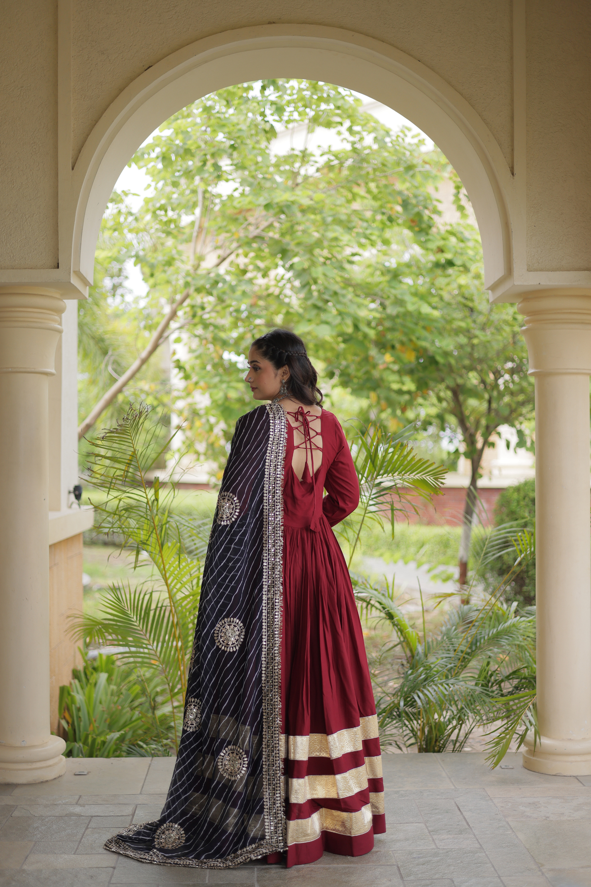 Elegant Anarkali Gown with Golden Border & Printed Dupatta