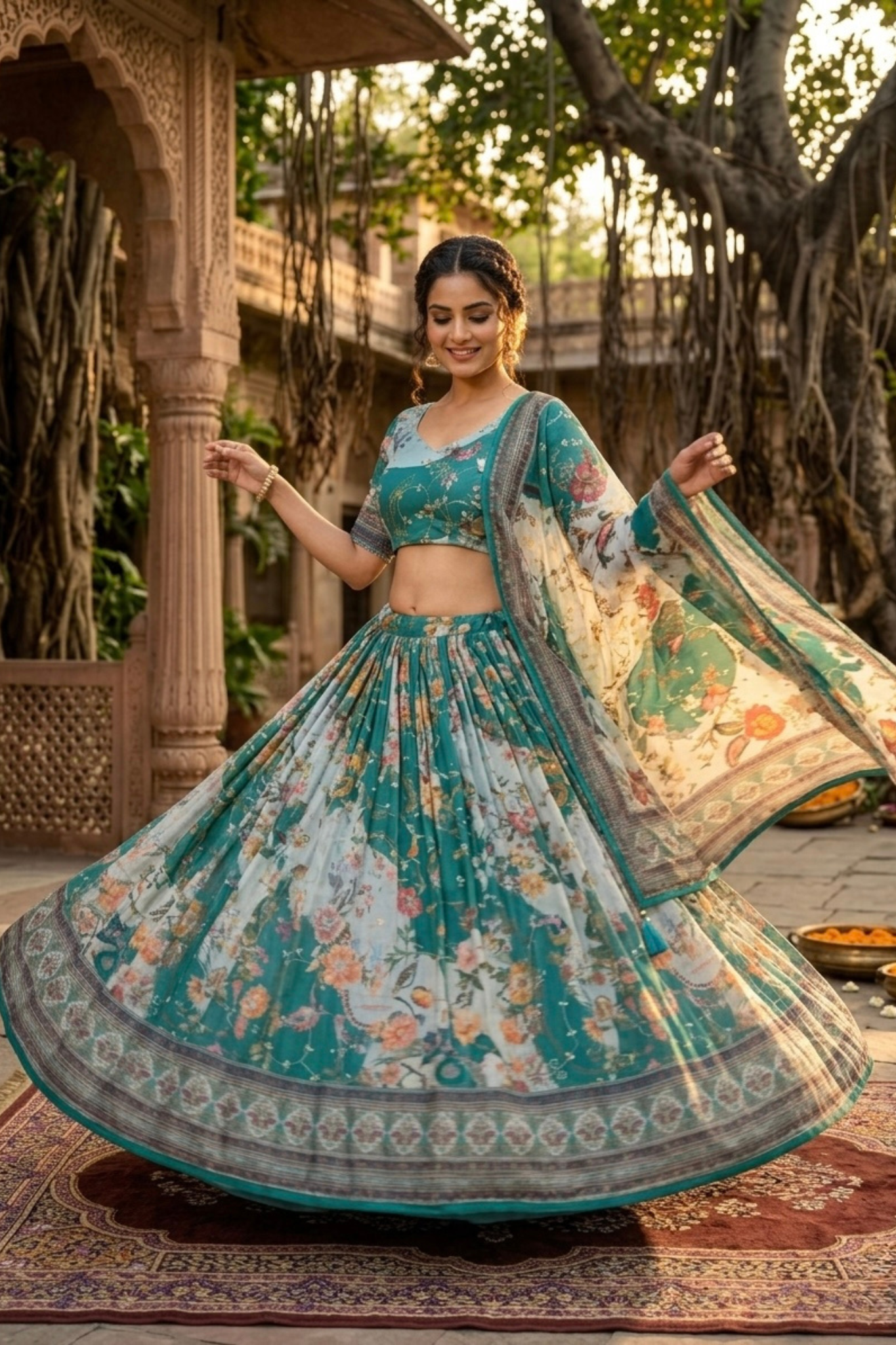 Premium Floral Printed Organza Lehenga Choli with Dupatta