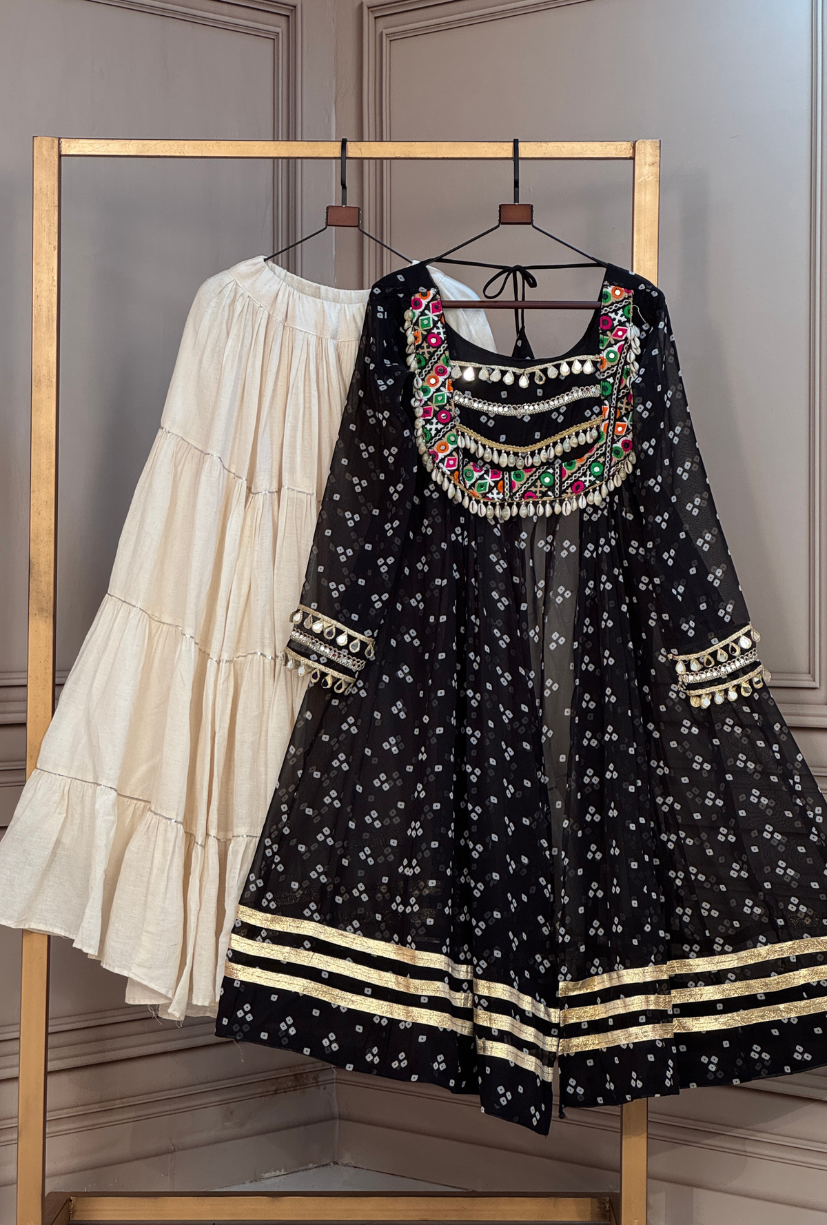 Premium Bandhani shrug with Kutchi Mirror Work & Gota Lace Detailing lehenga