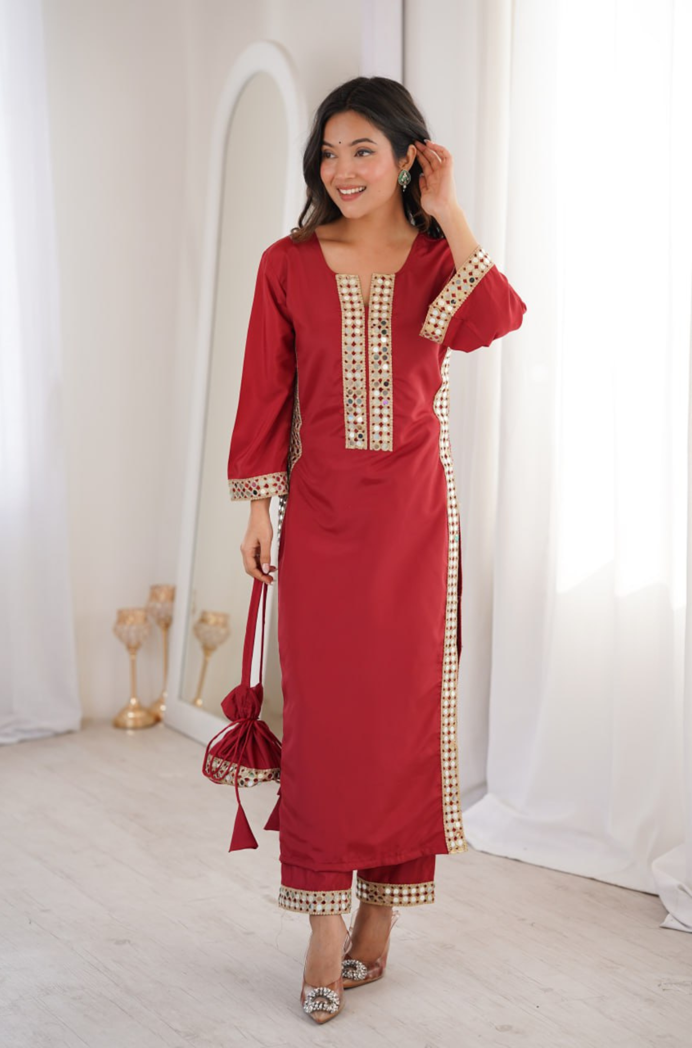Women's Mirror Work Kurti Pant Set with Batwa Bag