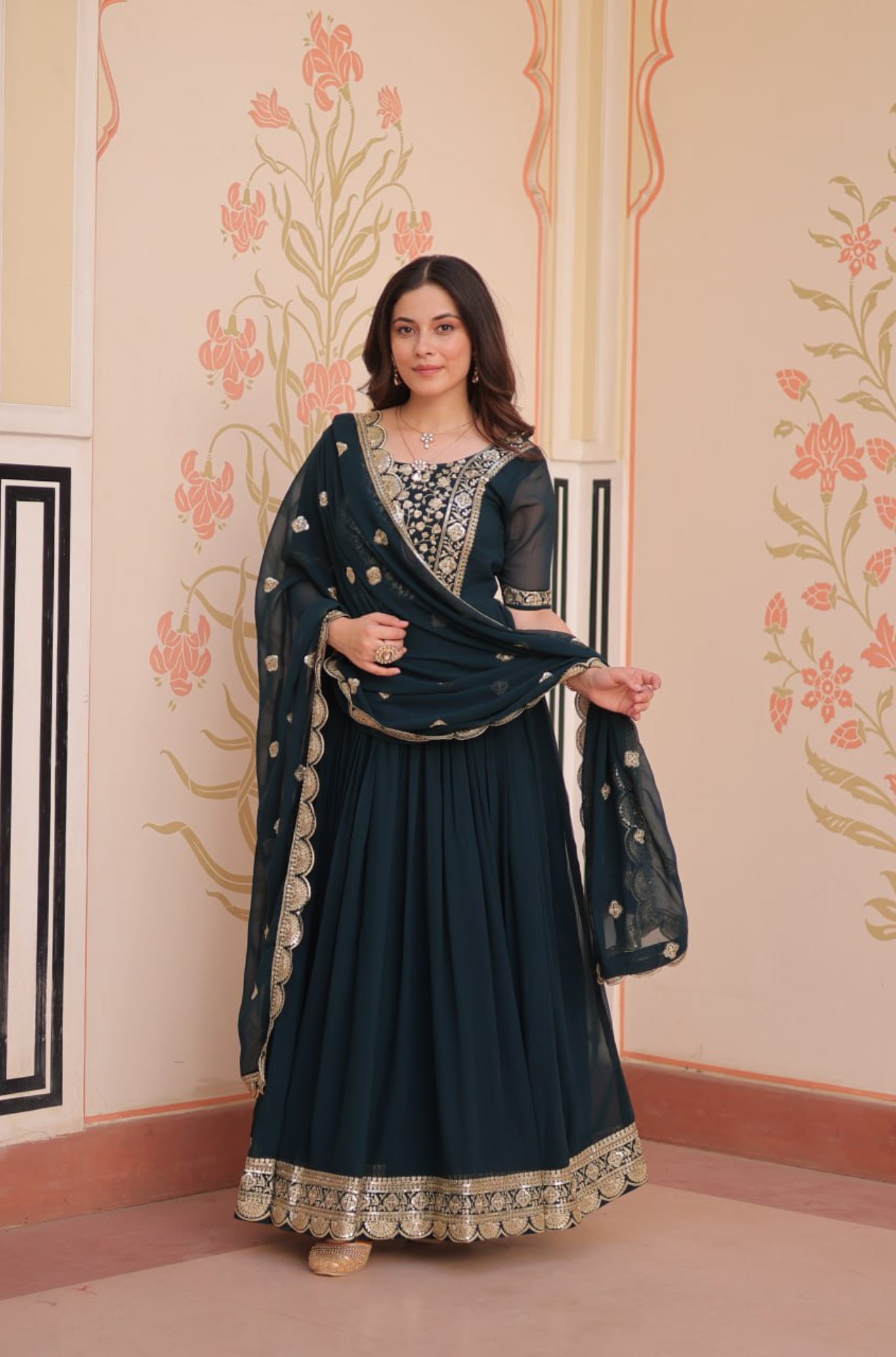 Women's Embroidered Anarkali Gown with Dupatta