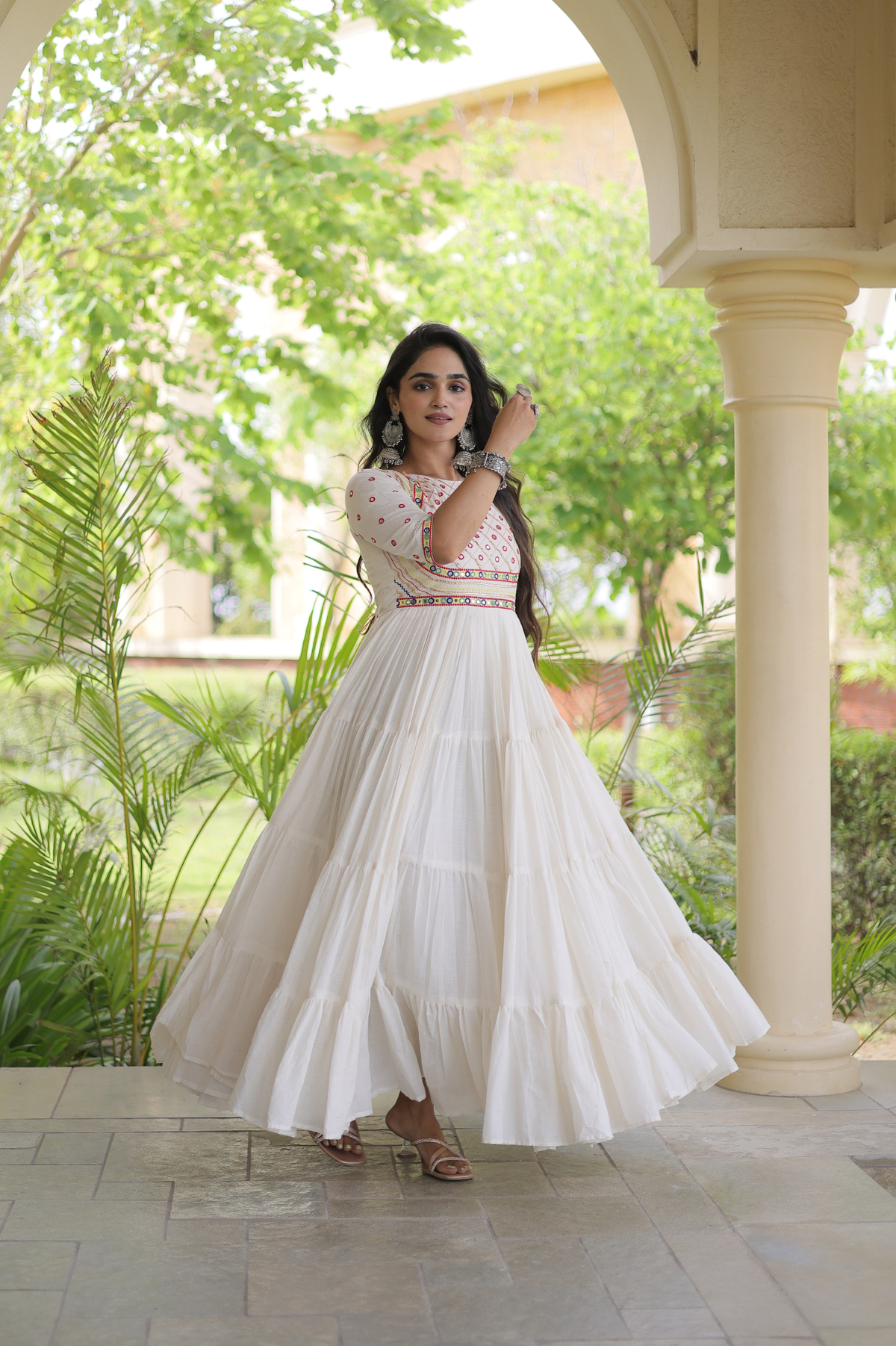 Women’s Designer Anarkali Gown with Embroidered Bodice & Flared Tiered Design | Festive Ethnic Wear