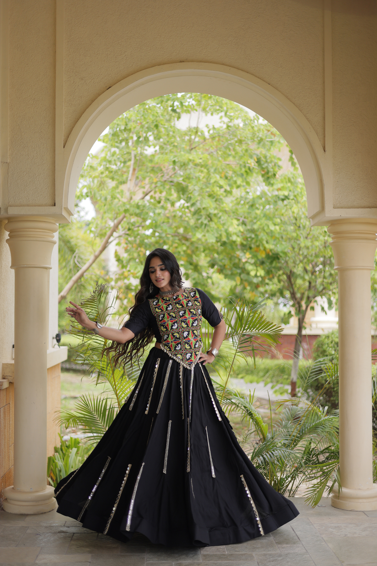 Designer Navratri Chaniya Choli with Embroidered Yoke & Mirror Work