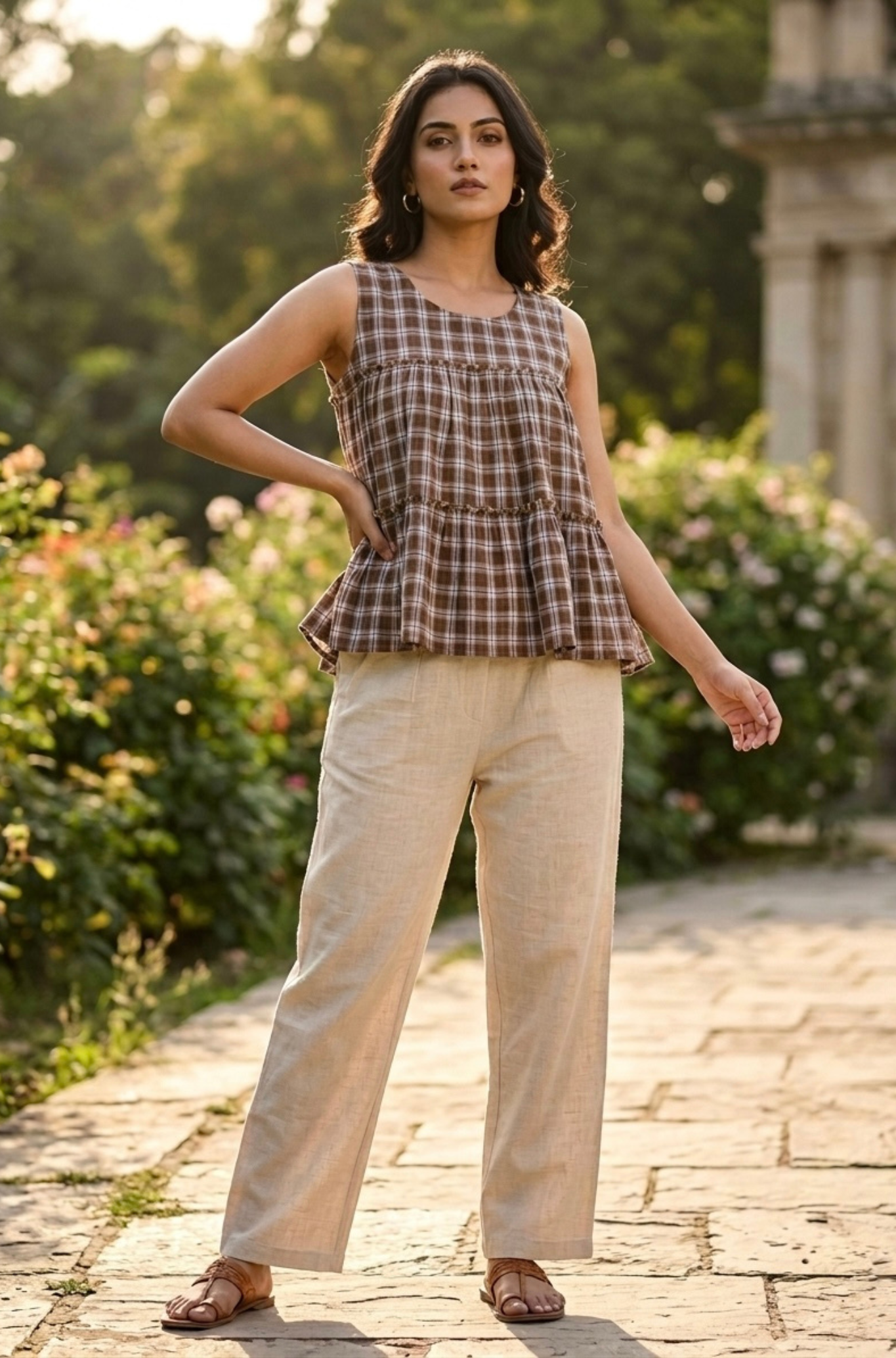 Women Sleeveless Checked Cotton Peplum Top with Straight Pant Co-Ord Set