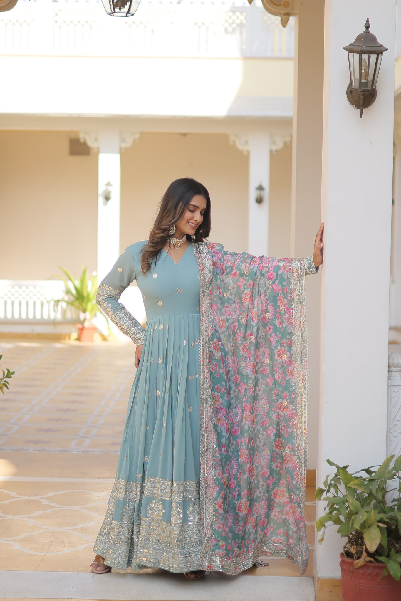 Women's Designer Sequins Embroidered Anarkali Gown with Floral Printed Dupatta