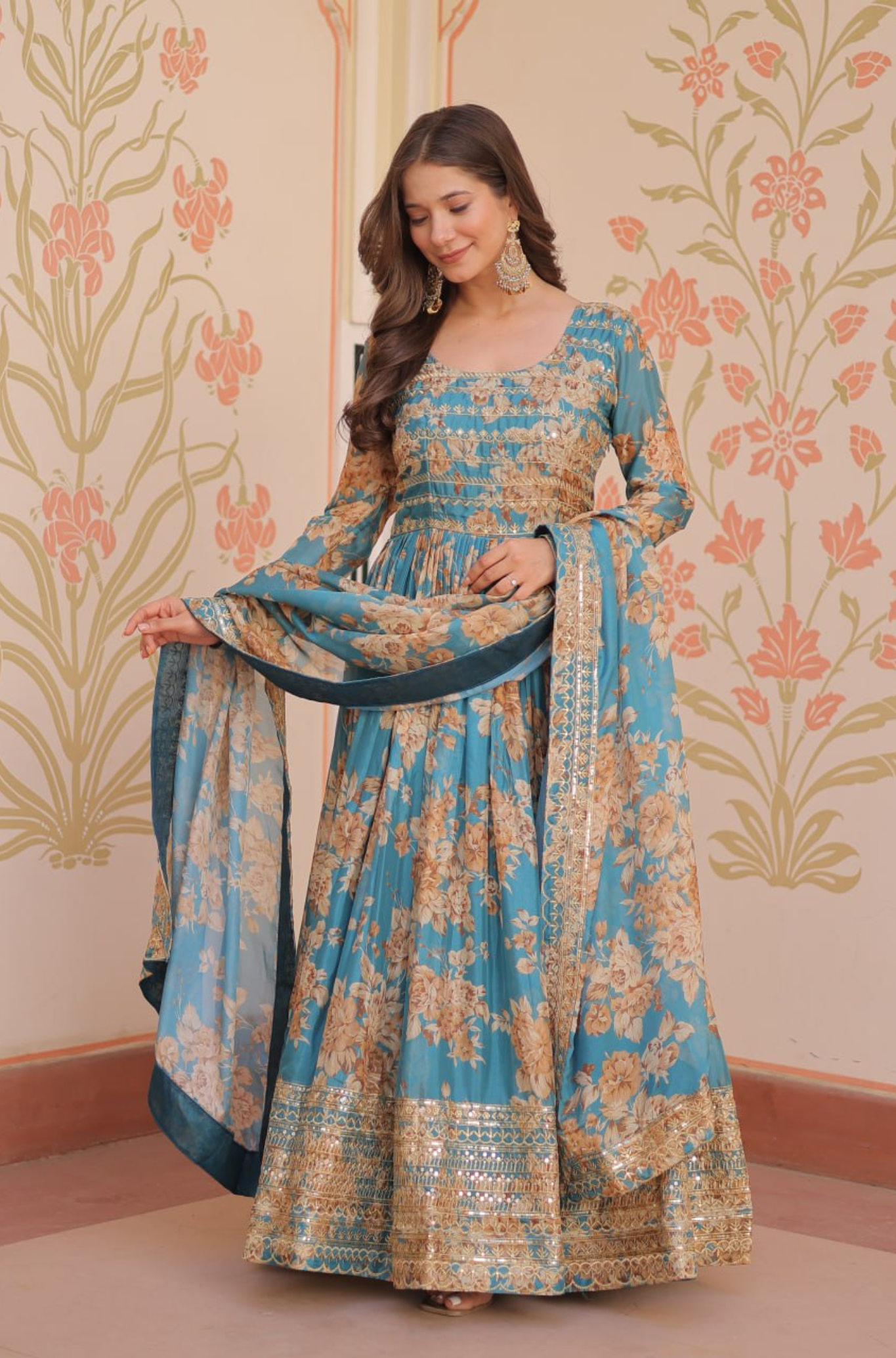 Women's Designer Floral Anarkali Gown Dupatta Set