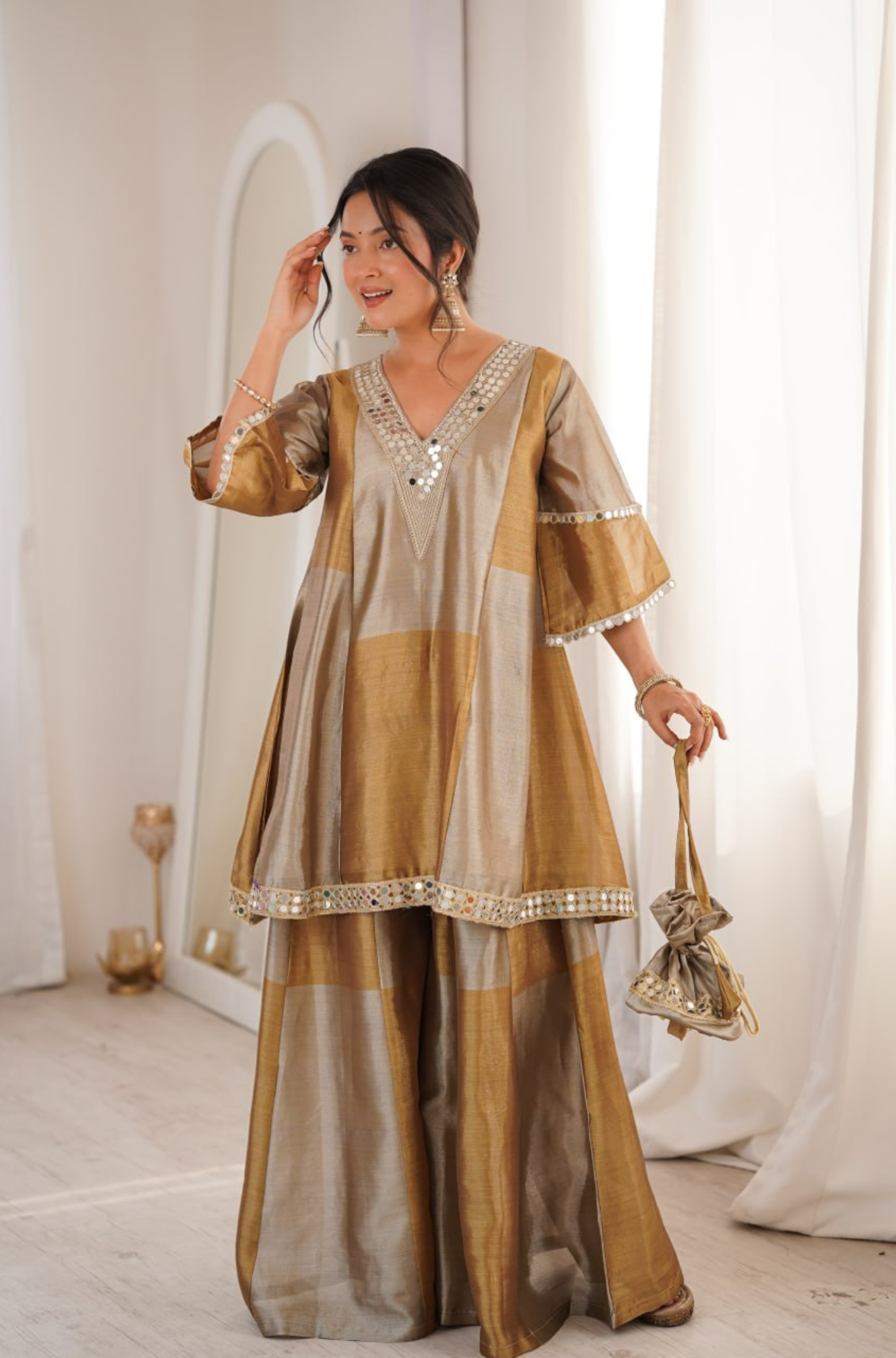 Women Mirror Work Silk Blend Kurta with Palazzo Set