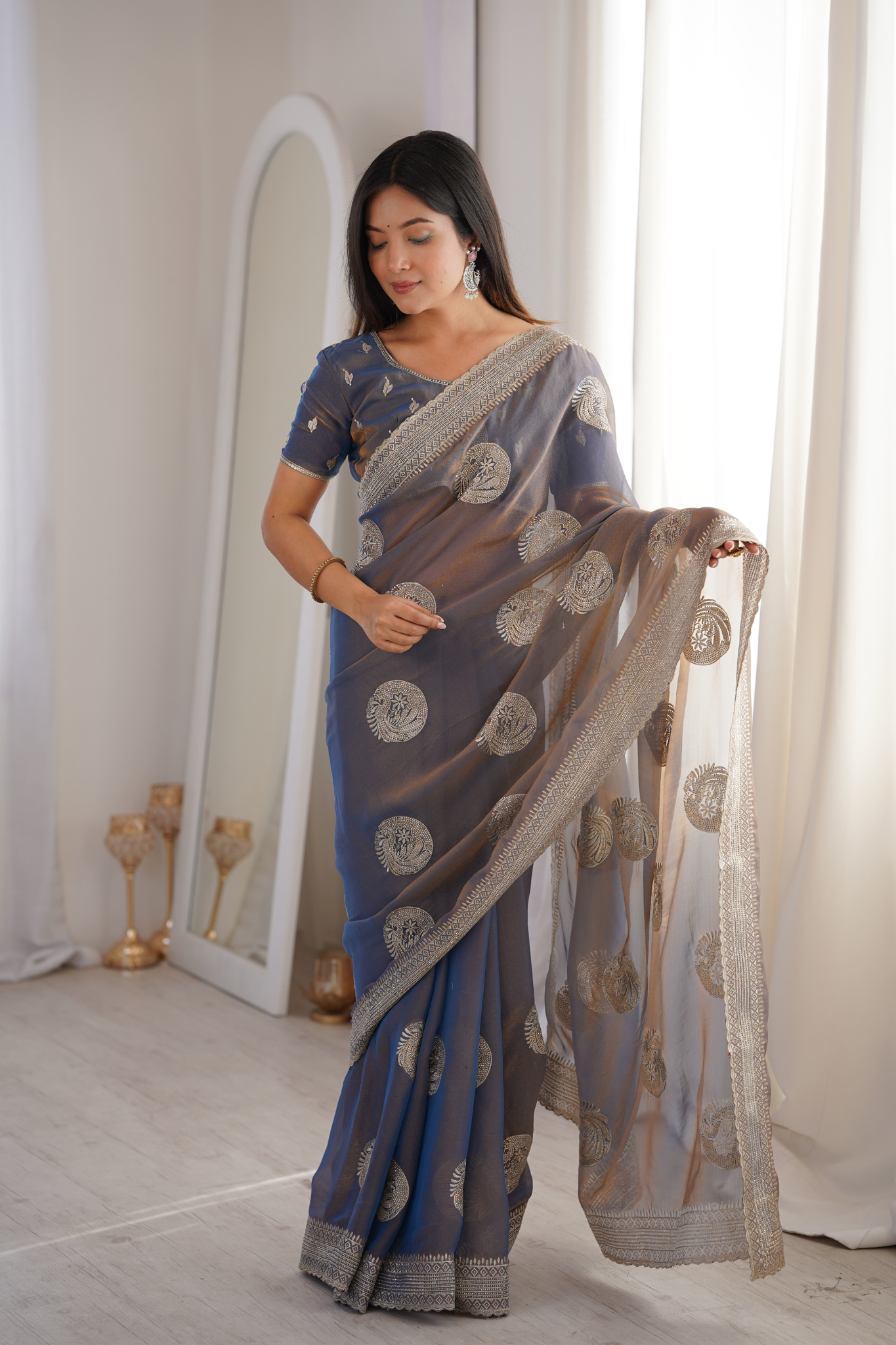 Women Organza Saree with Silver Zari Embroidery Border