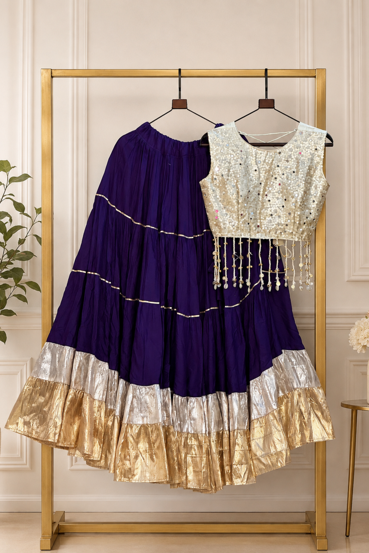 Women’s Burgundy Ethnic Lehenga Choli Set with Gold Sequin Blouse
