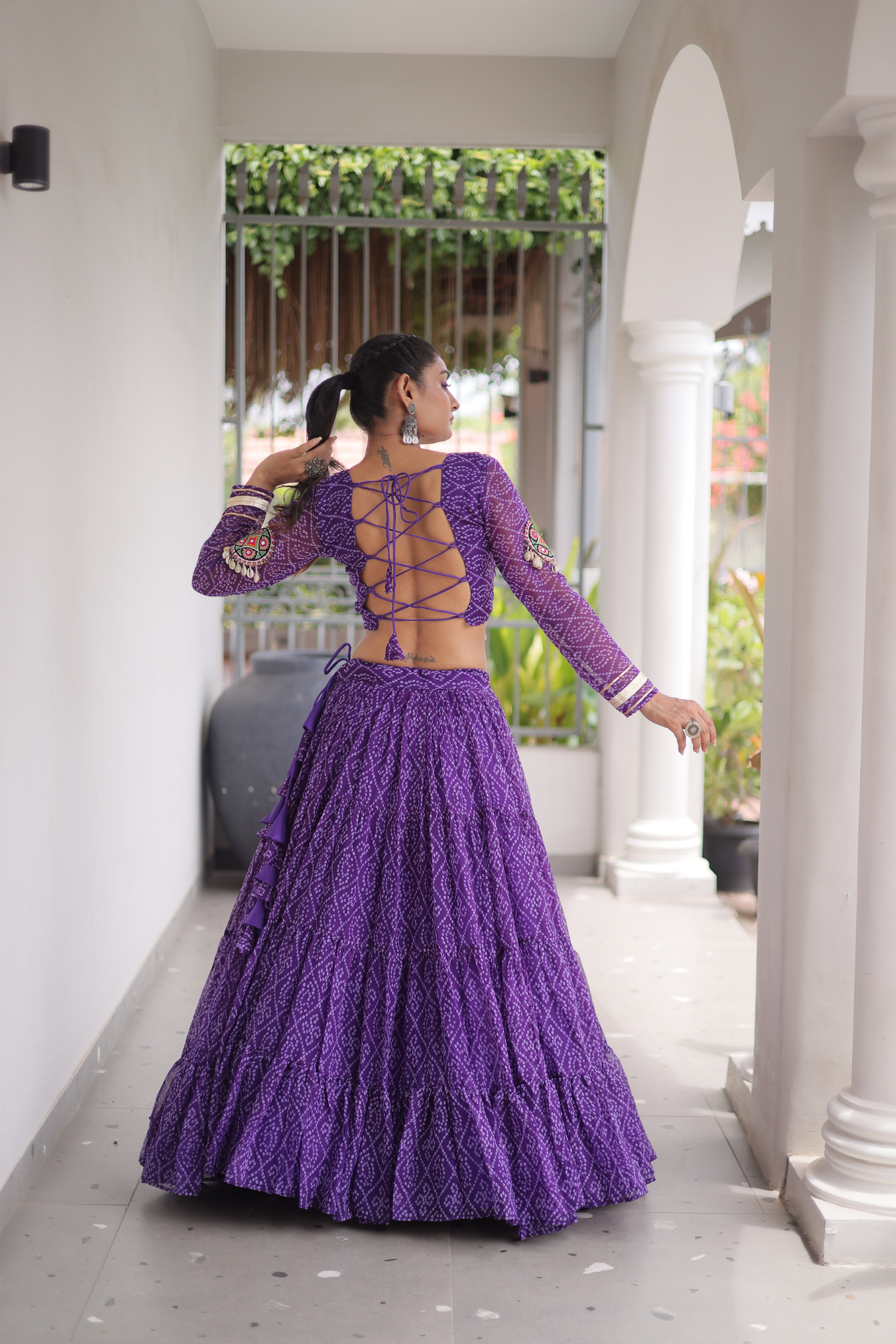 Women's Bandhani Printed Navratri Lehenga Choli Set with Kutchi Gamthi Embroidered Mirror Work Blouse
