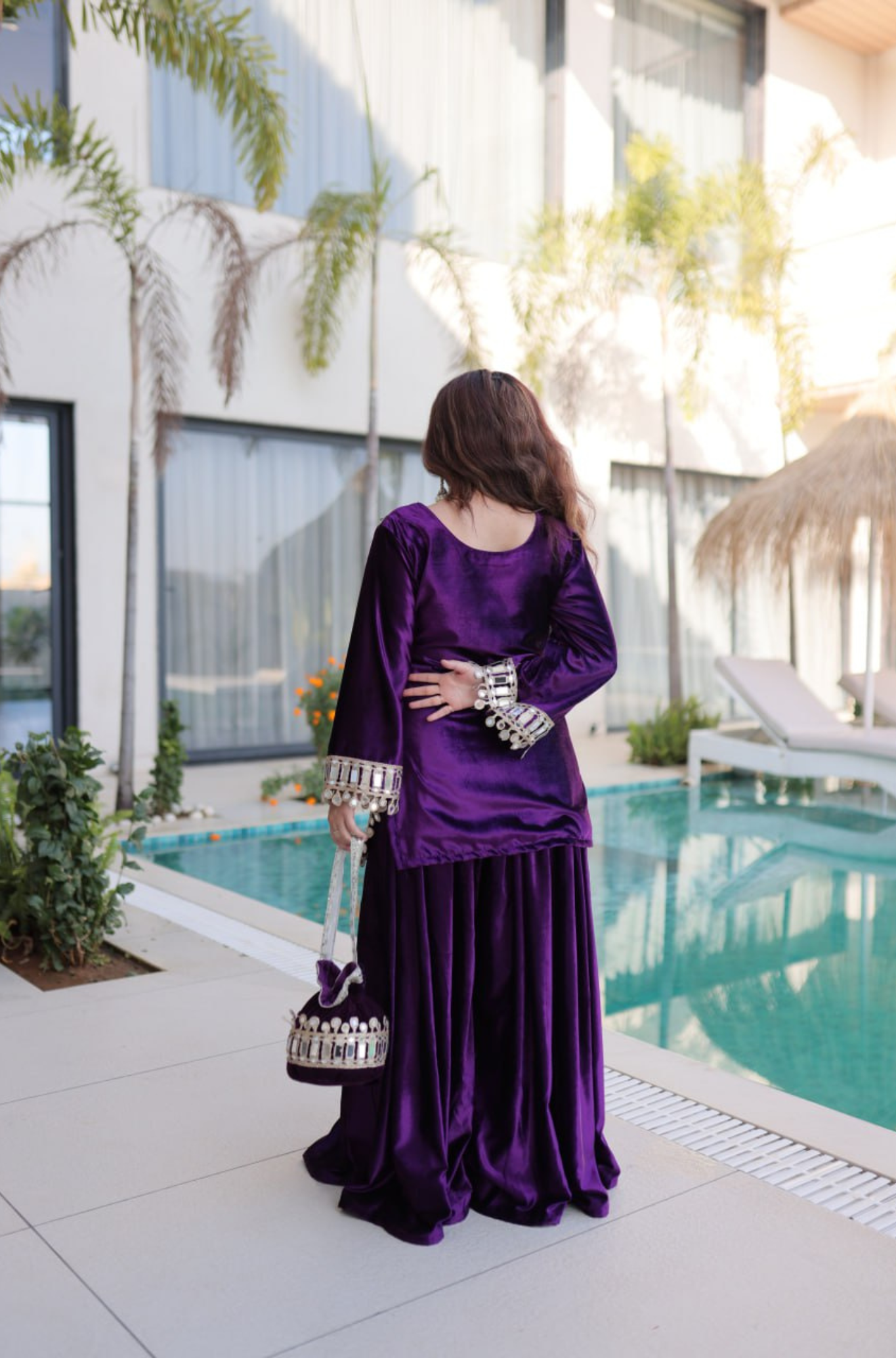 Velvet Mirror Work Kurti Palazzo Set with Batwa