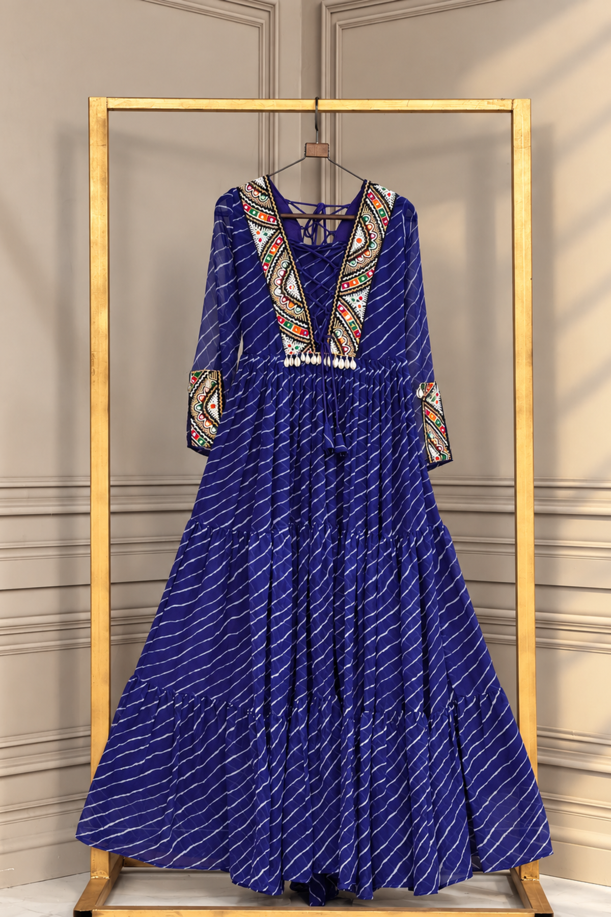 Designer Printed Anarkali Gown with Embroidered Yoke & Flared Skirt