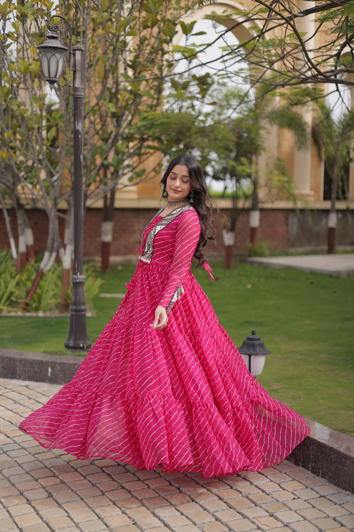 Designer Printed Anarkali Gown with Embroidered Yoke & Flared Skirt