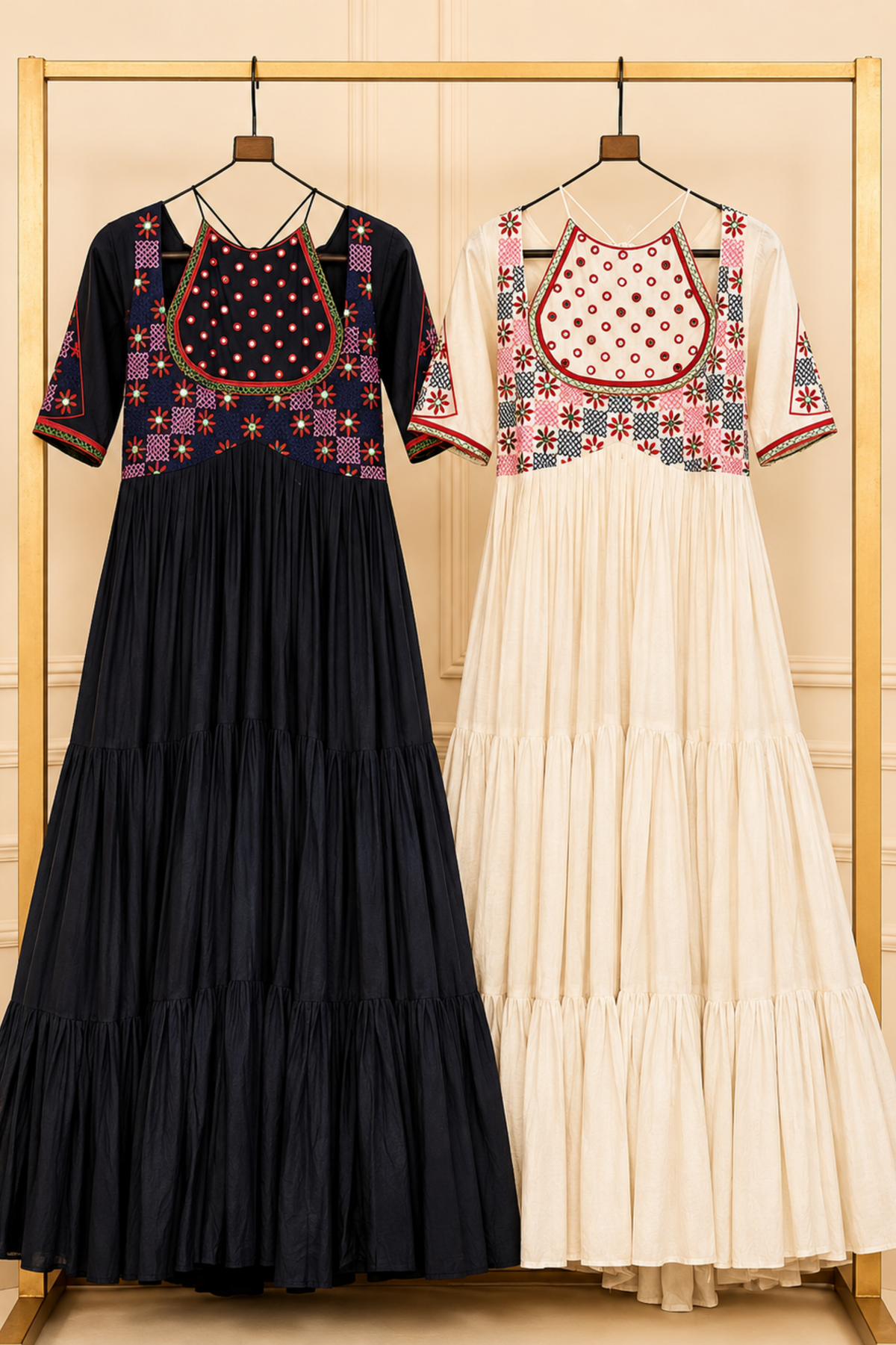Women’s Designer Anarkali Gown with Embroidered Yoke, Flared Tiered Silhouette & 3/4 Sleeves | Festive Ethnic Wear