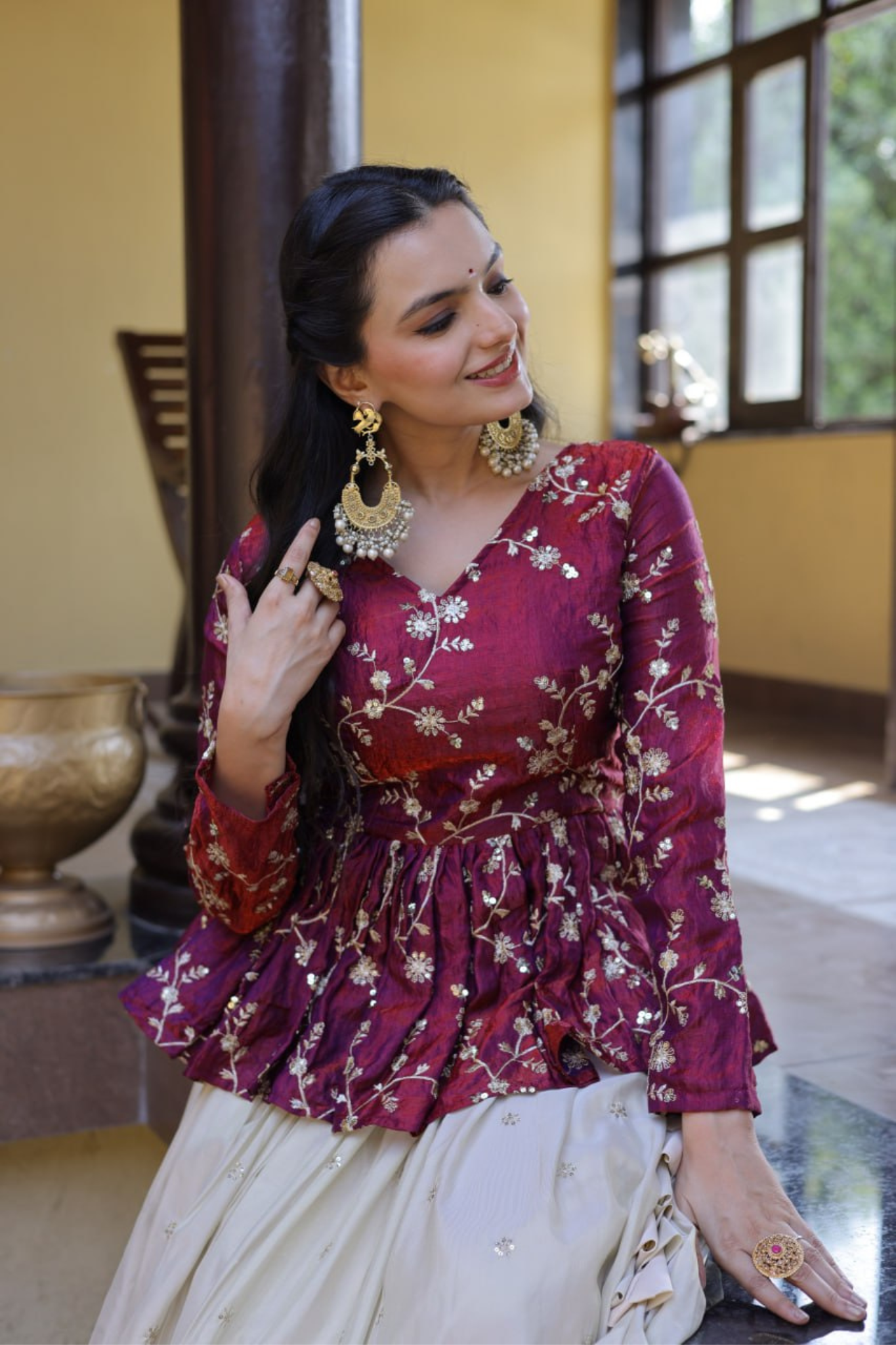 Women's Embroidered Peplum Top with Flared Skirt Set