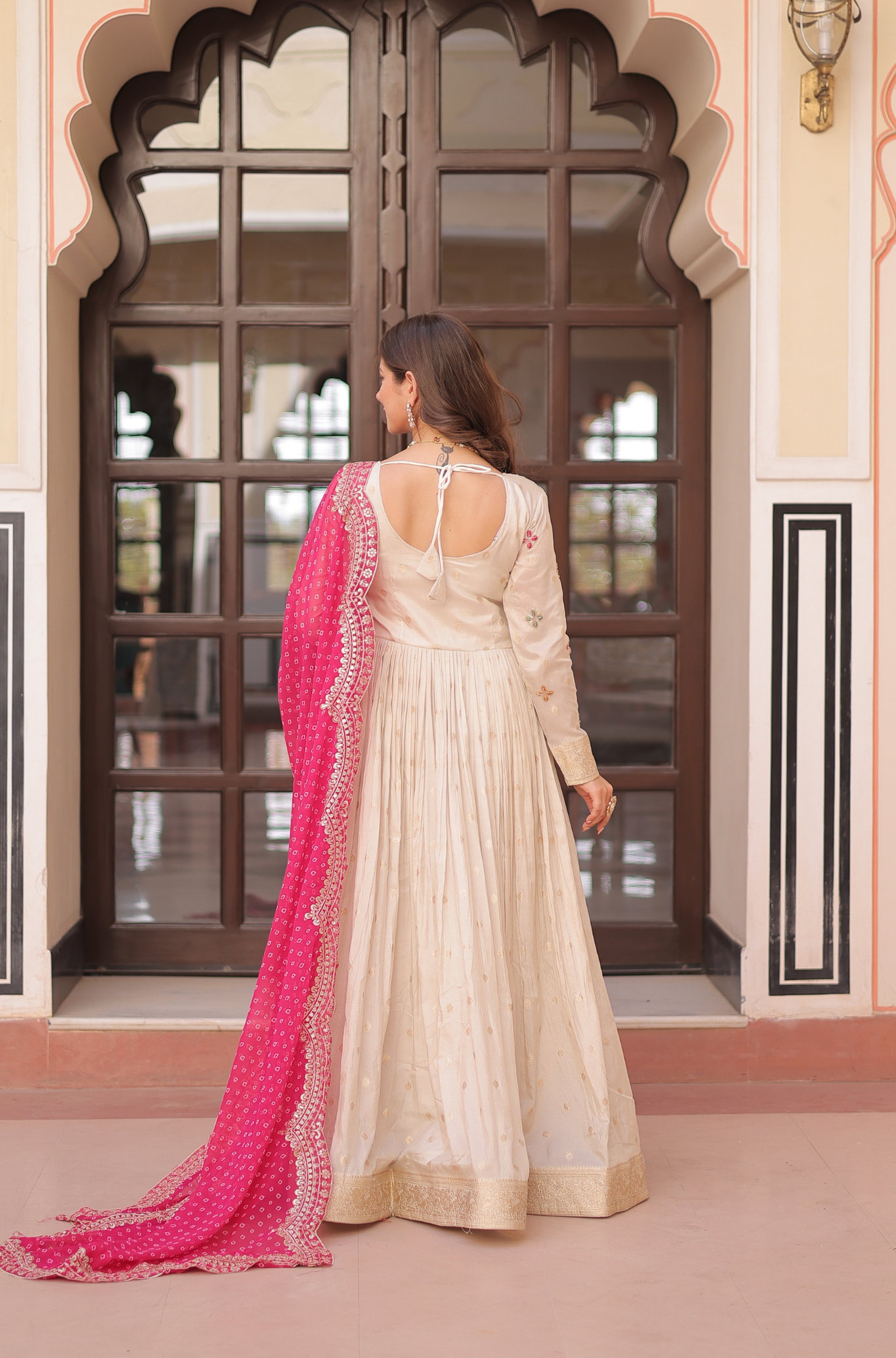 Women Mirror Embroidered Anarkali Gown with Bandhani Dupatta