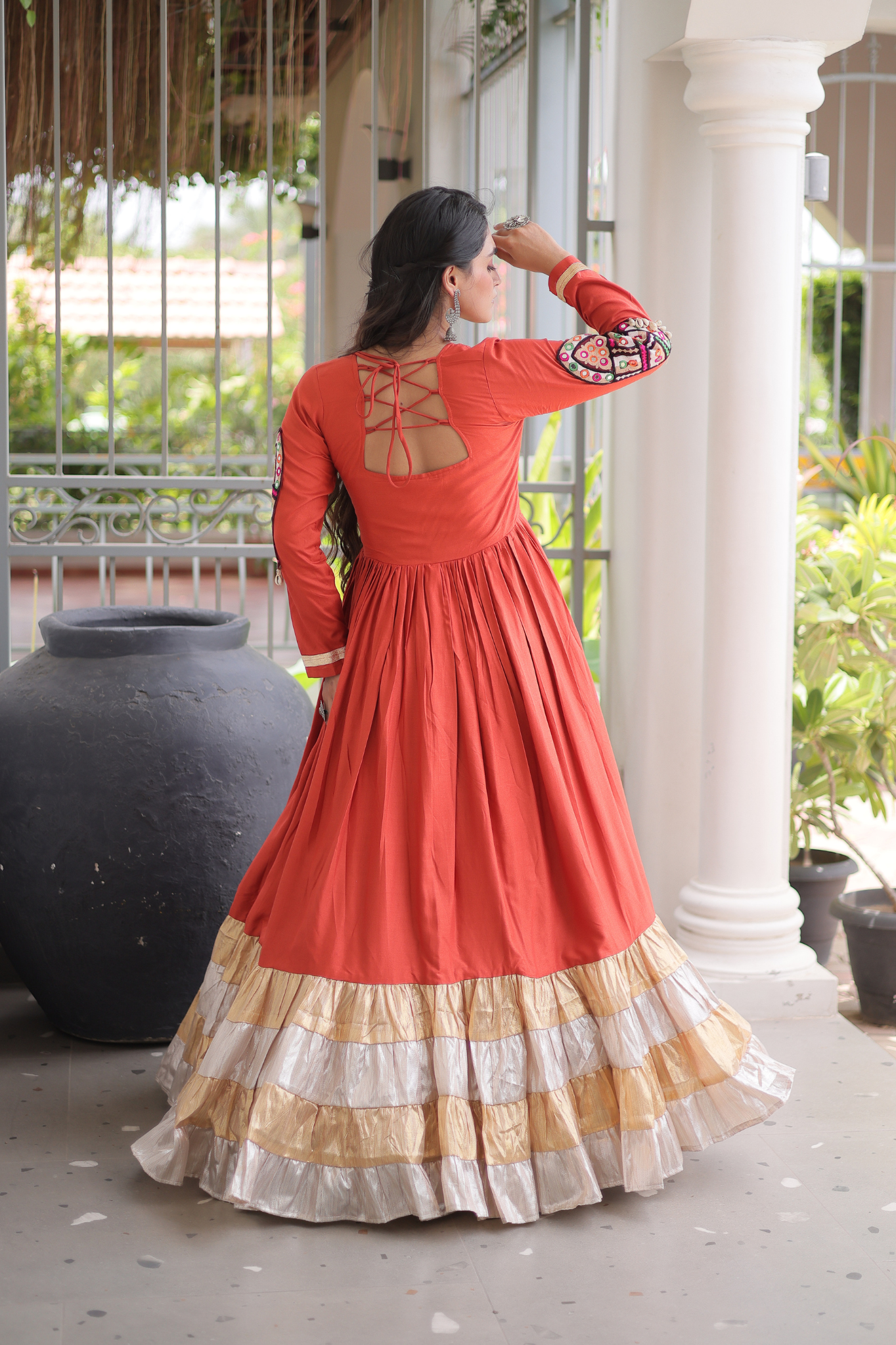 Women's Handcrafted Mirror Work Tiered Anarkali Gown