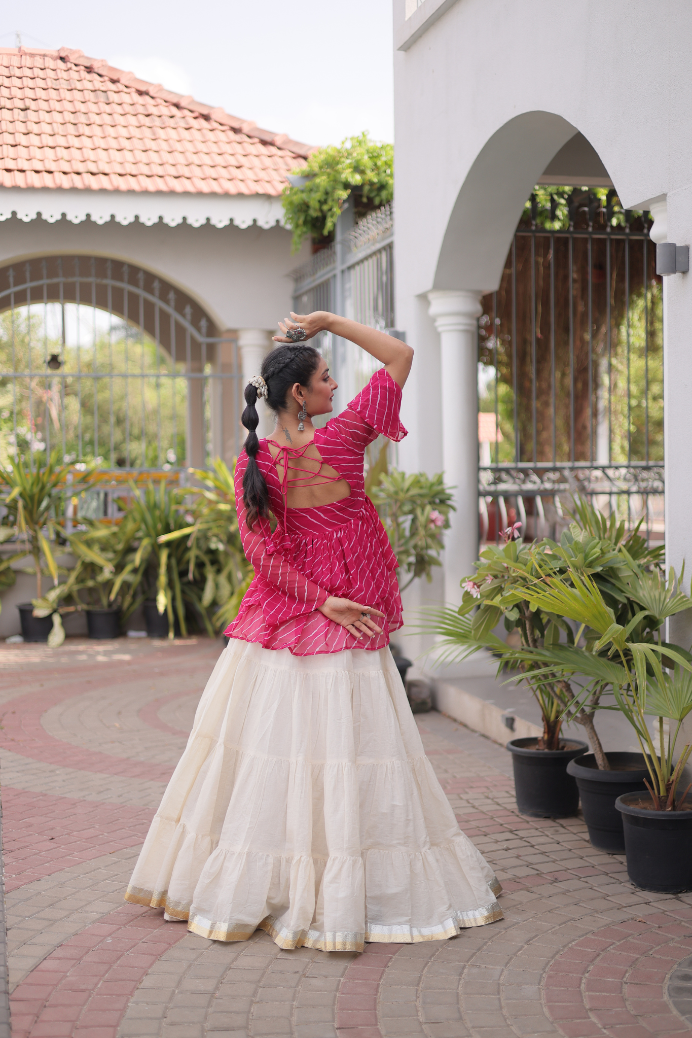 Women's Designer Kutchi Gamthi Peplum Top with Tiered Lehenga Skirt Set