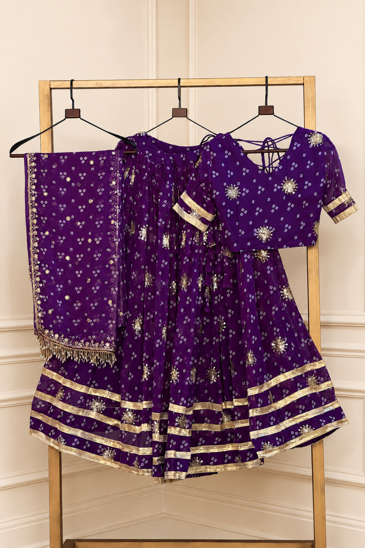 Women’s Designer Lehenga Choli Set with Bandhani Print, Zari Border & Dupatta | Festive Wear