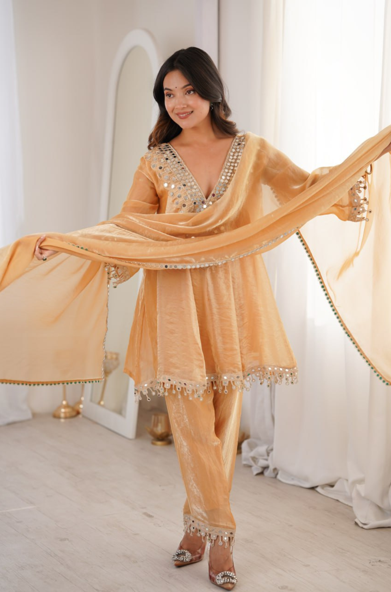 Women’s Mirror Work Kurta Pant Dupatta Set for Festive