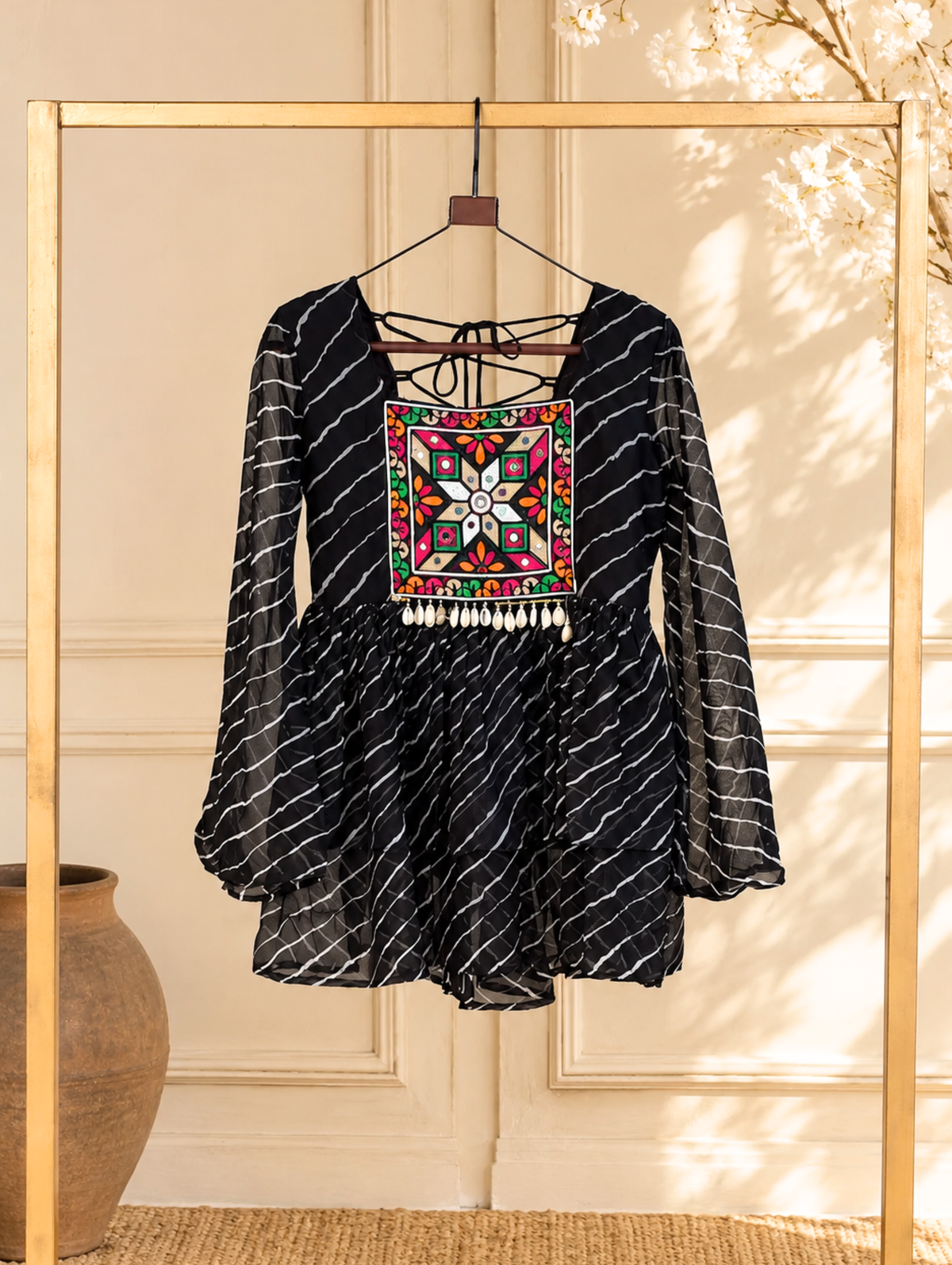 Women's Leheriya Peplum Top with Handcrafted Mirror Work