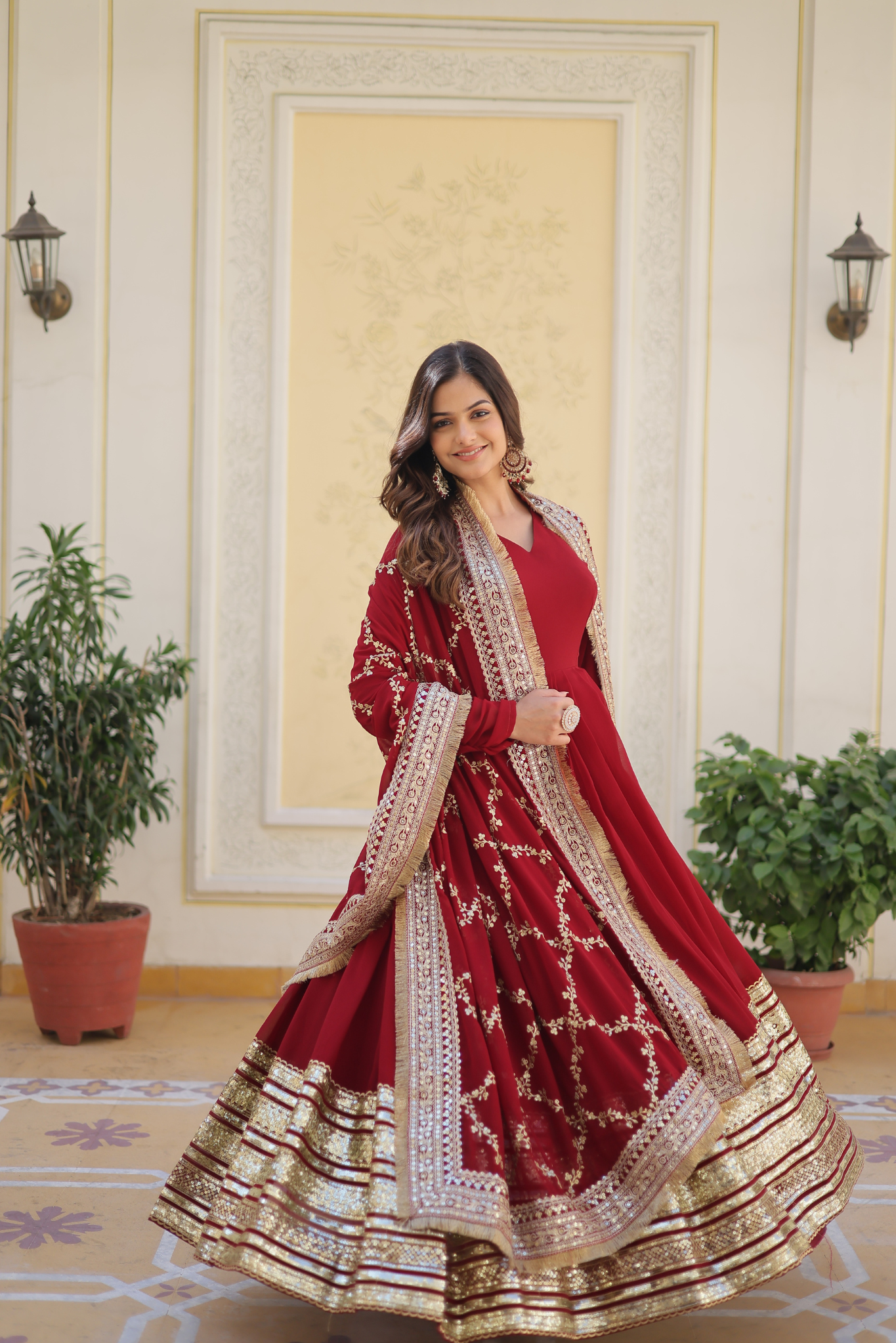 Women's Maroon Embroidered Anarkali Gown with Dupatta