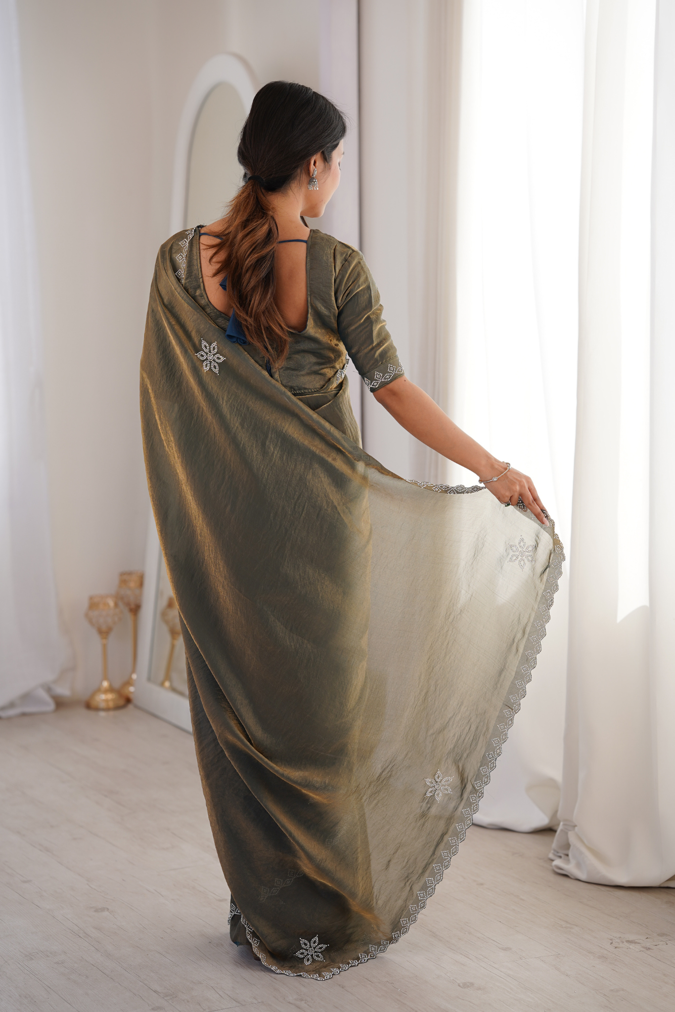 Women Tissue Silk Saree with Silver Border Embroidery
