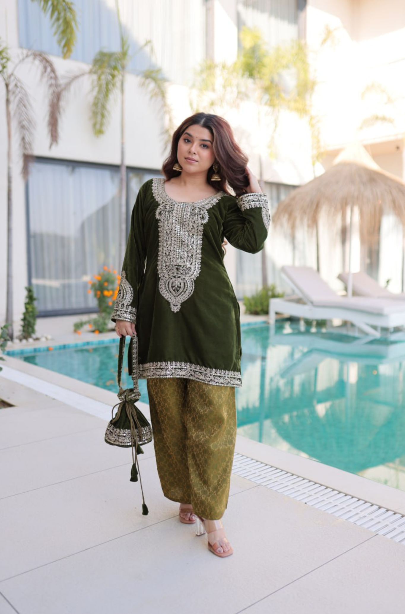 Designer Velvet Kurti Palazzo Set with Potli Bag for Women