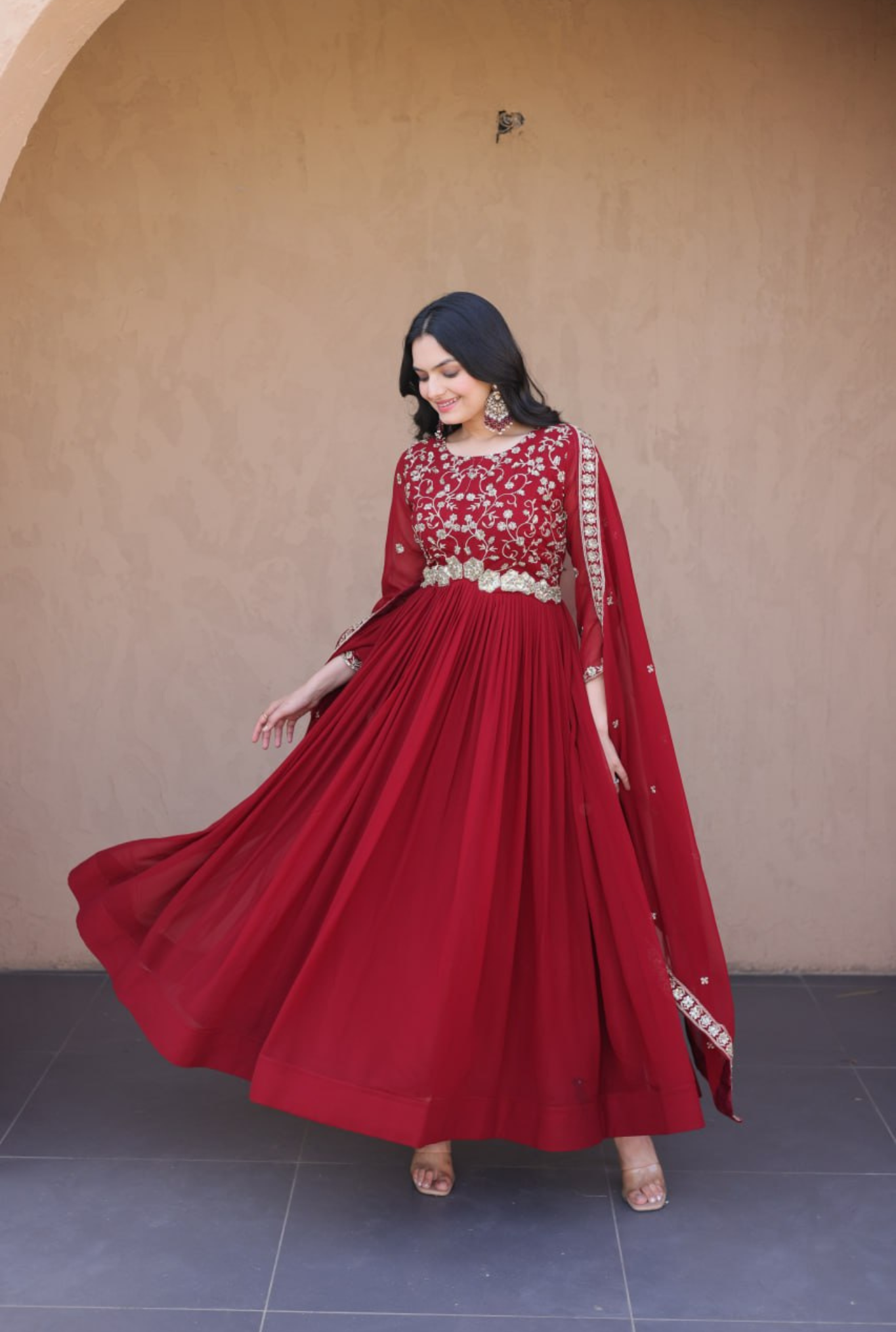 Women Embroidered Faux Blooming Anarkali Gown with Dupatta