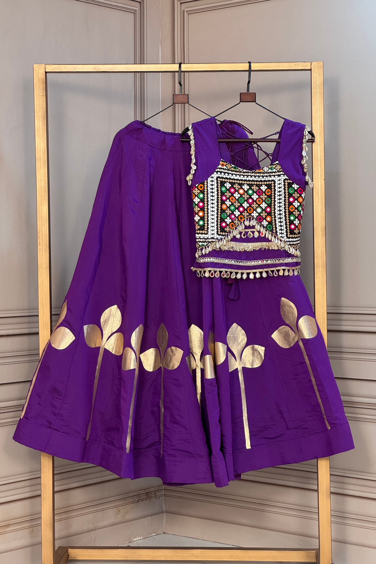 Designer Foil Printed Lehenga Choli with Mirror Work & Flared Skirt