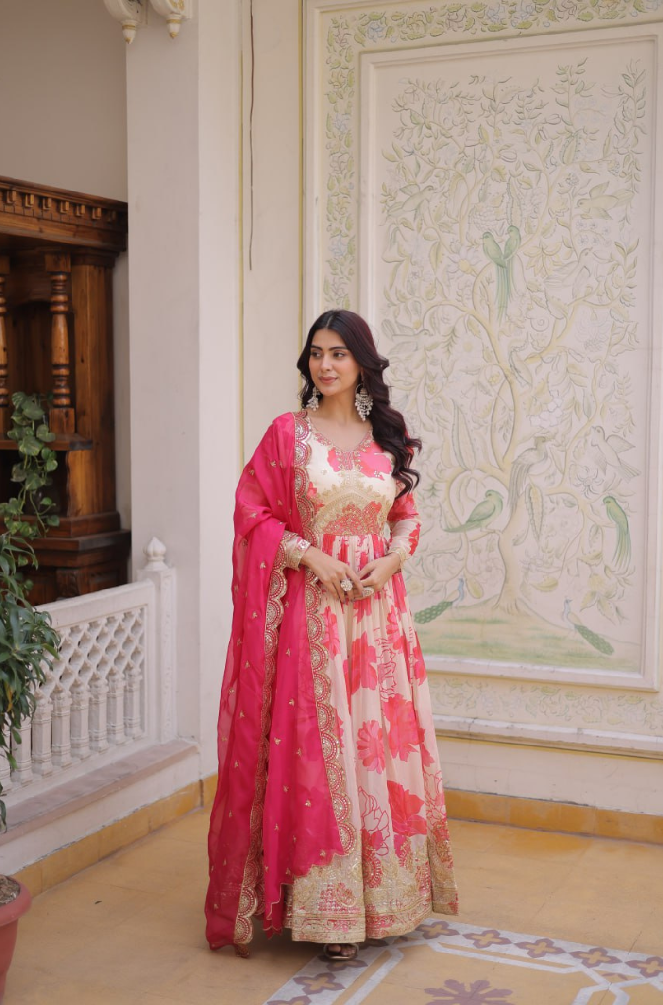 Luxury Floral Printed Anarkali Gown for Women with Embroidered Dupatta
