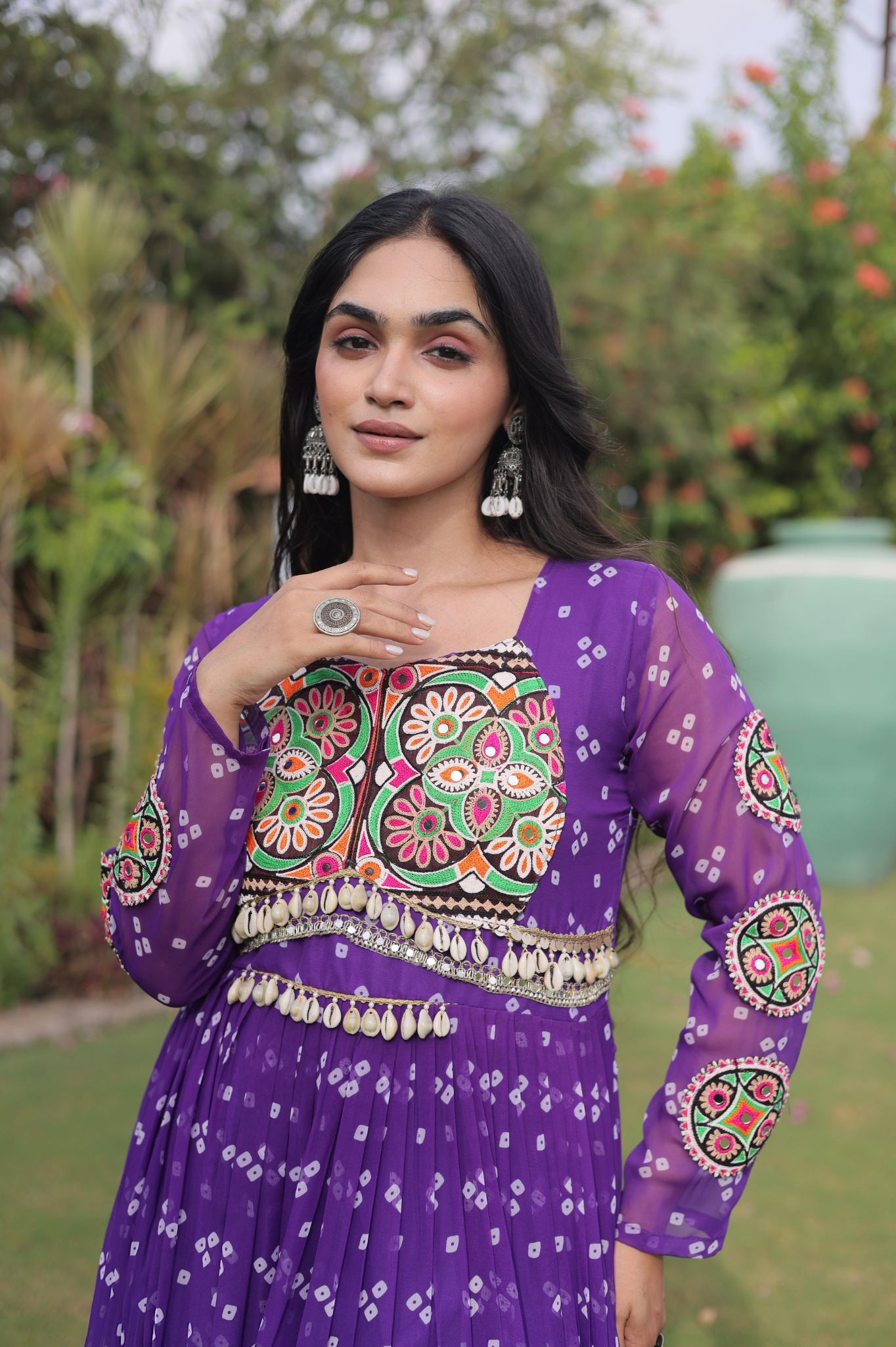 Women's Handcrafted Mirror Work Tiered Anarkali Gown