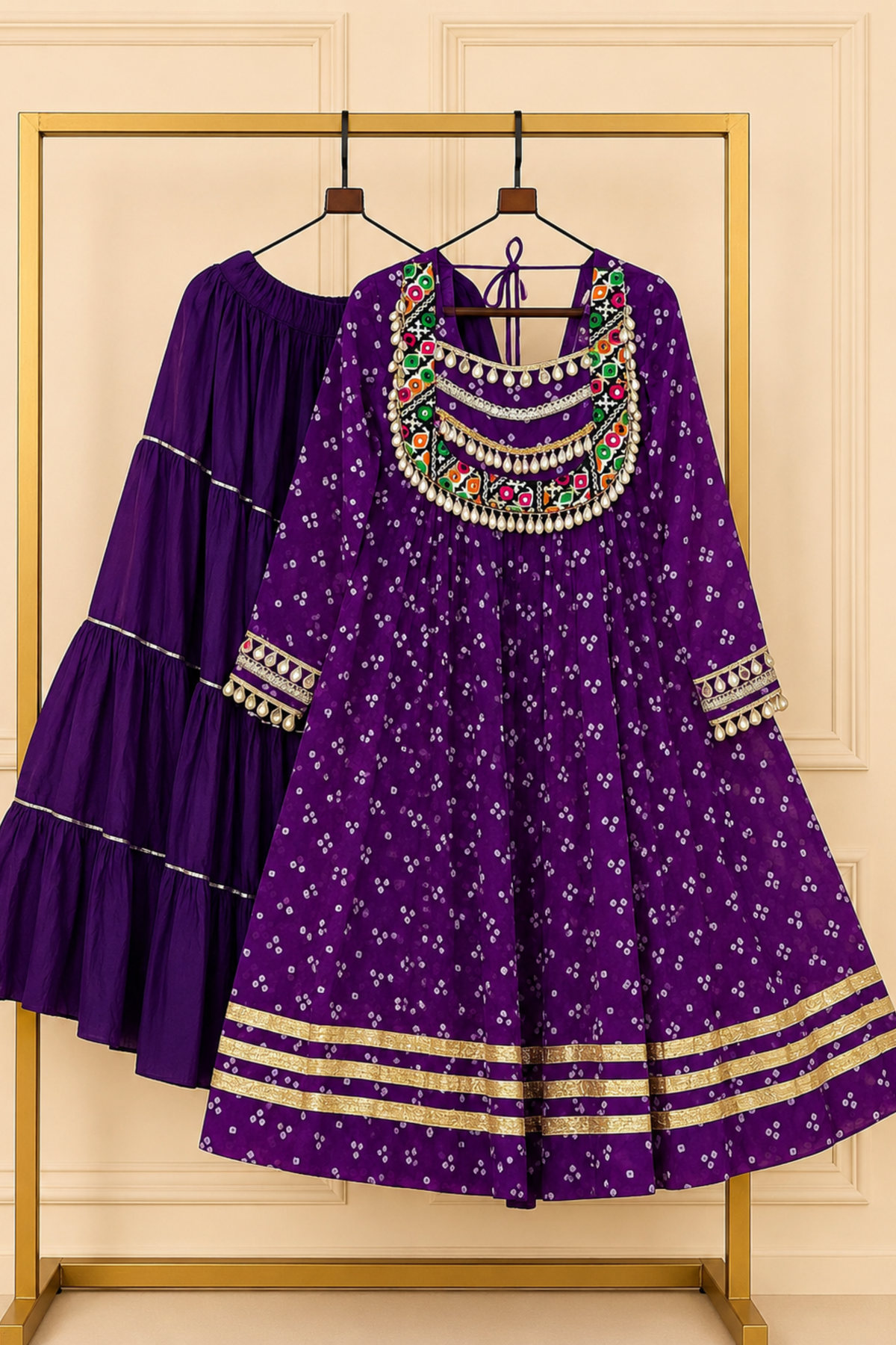 Women’s Bandhani Print Anarkali Kurta with Embroidered Yoke & Gota Patti Work