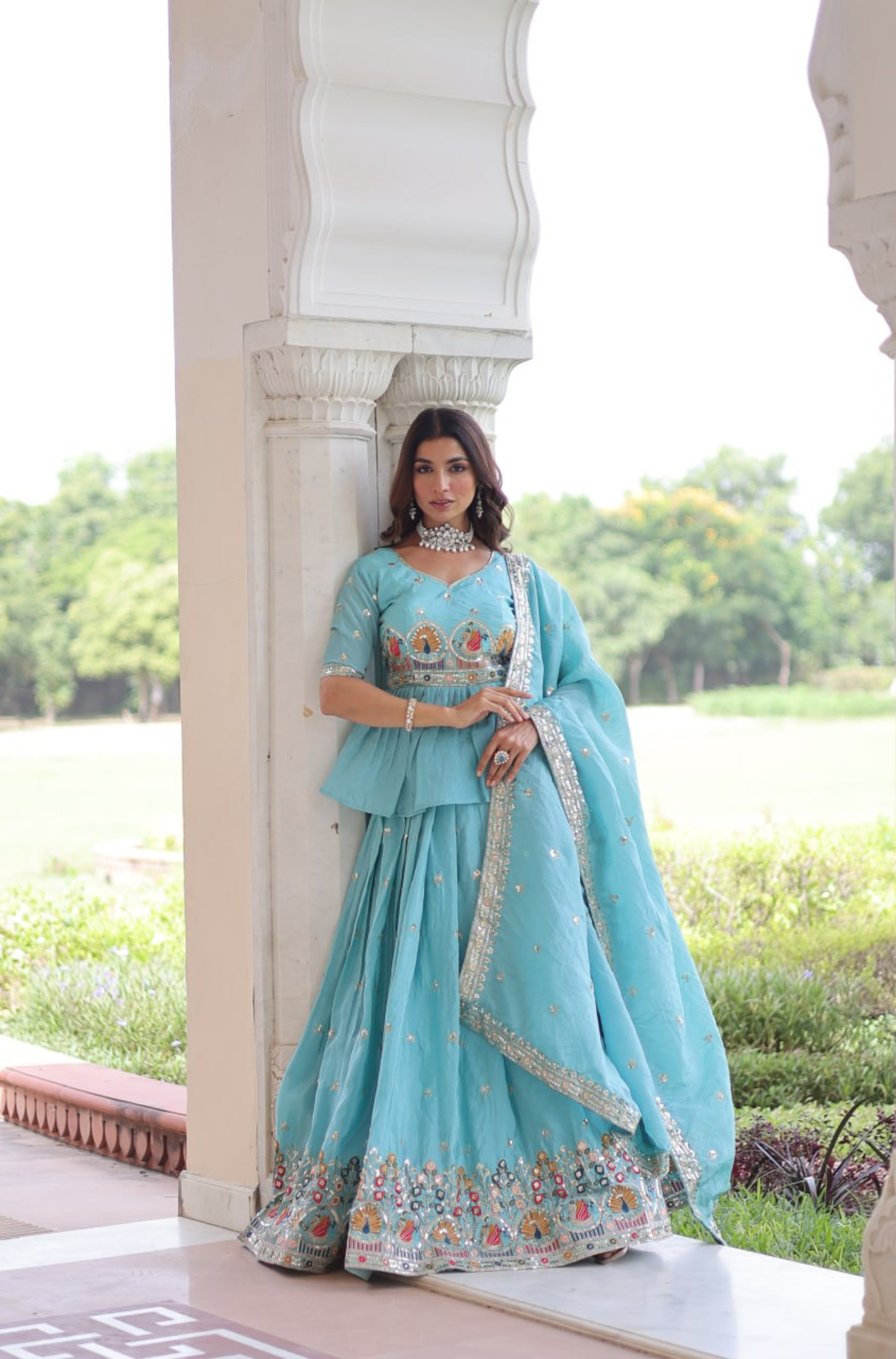 Aqua Blue Designer Embroidered Lehenga Choli Set for Women