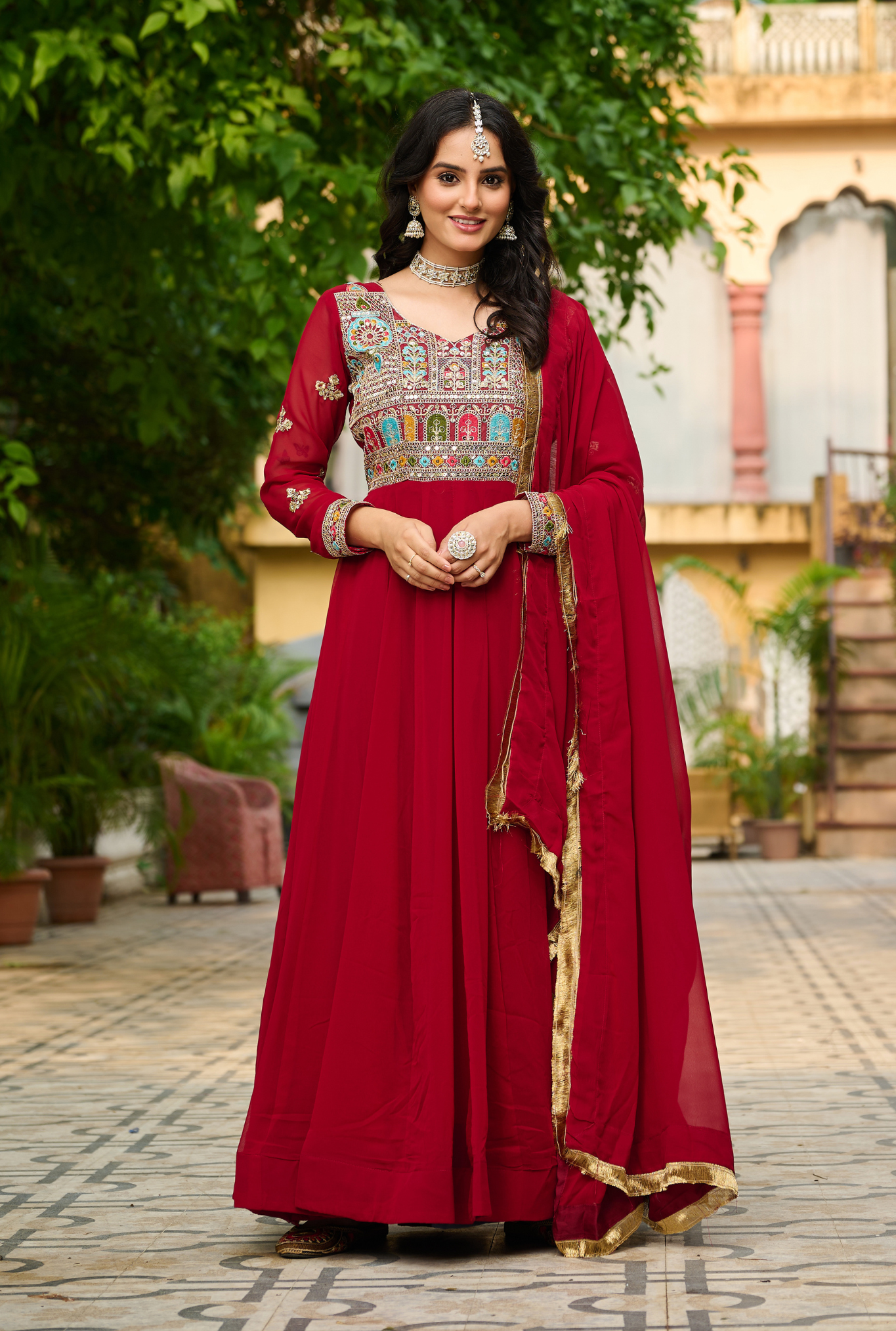 Women's Designer Embroidered Anarkali Gown Set with Dupatta