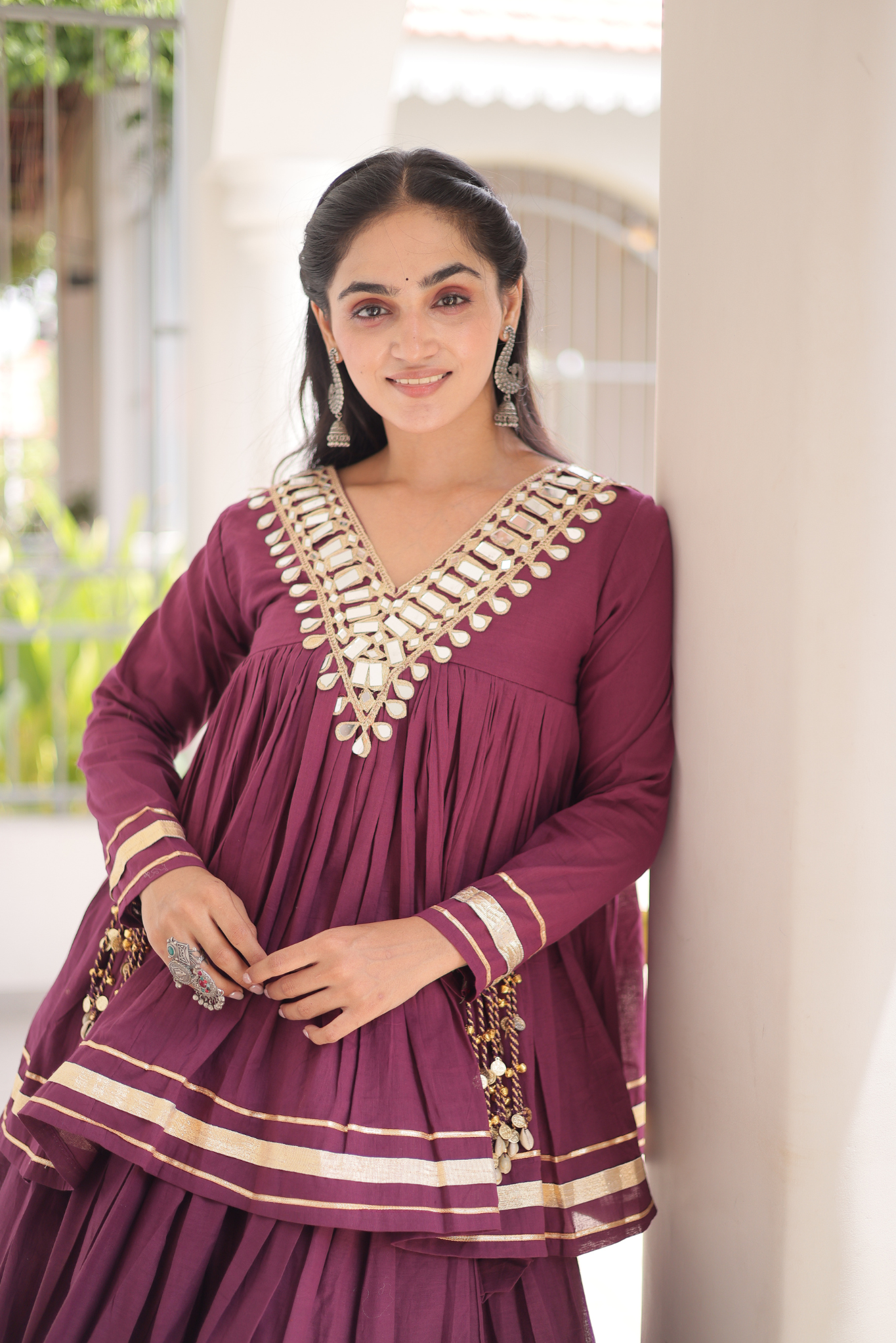 Women's Designer Ethnic Co-Ord Set with Mirror Work Peplum Top & Long Flared Skirt