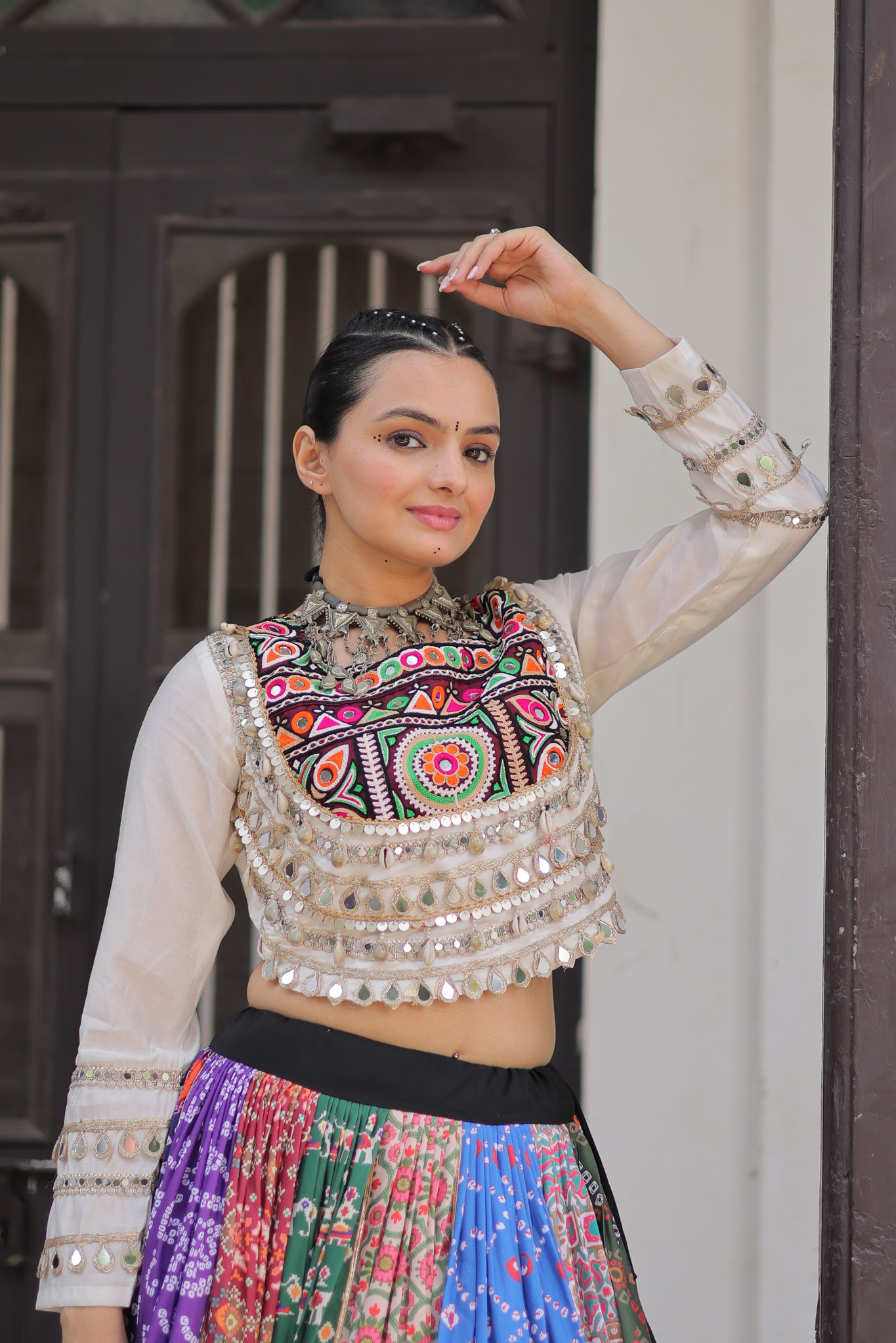 Women's Designer Kutchi Gamthi Patchwork Lehenga Choli Set with Mirror Work