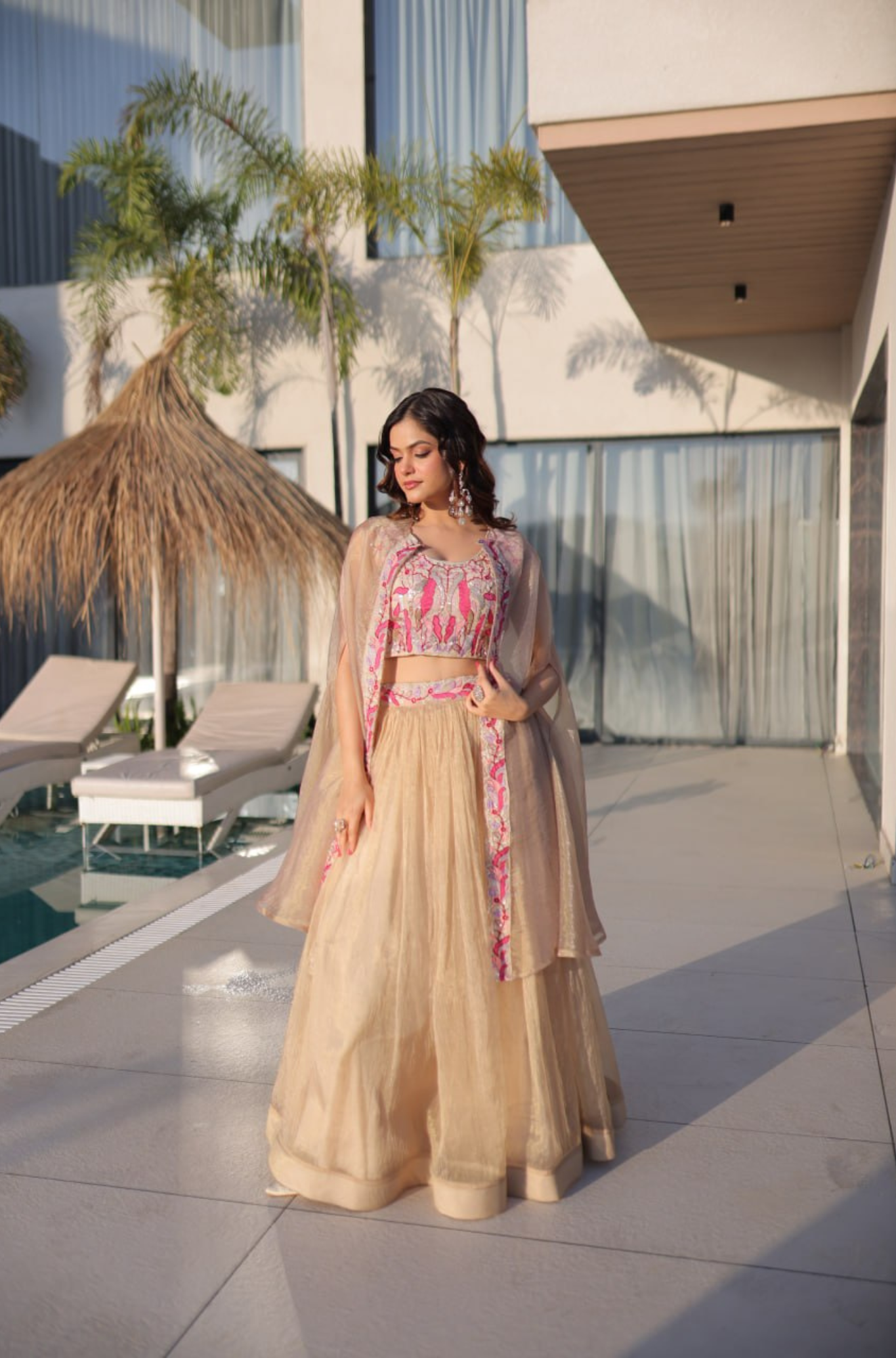 Women Beige Organza Lehenga Choli with Cape Dupatta & Pink Embroidery