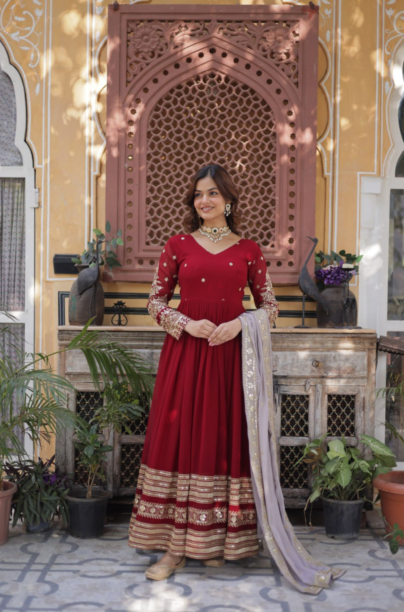 Women’s Embroidered Anarkali Gown with Dupatta