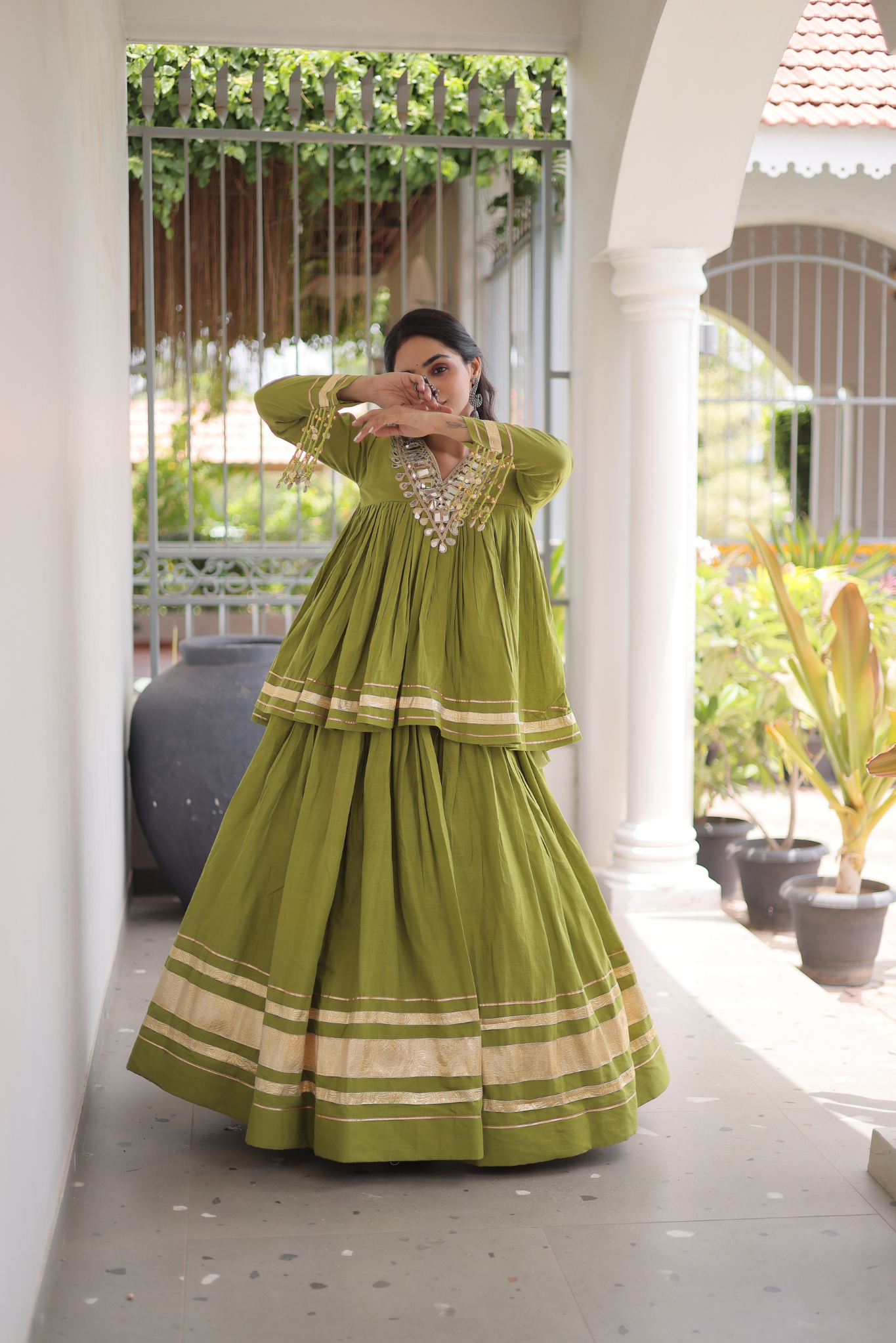 Women's Designer Ethnic Co-Ord Set with Mirror Work Peplum Top & Long Flared Skirt