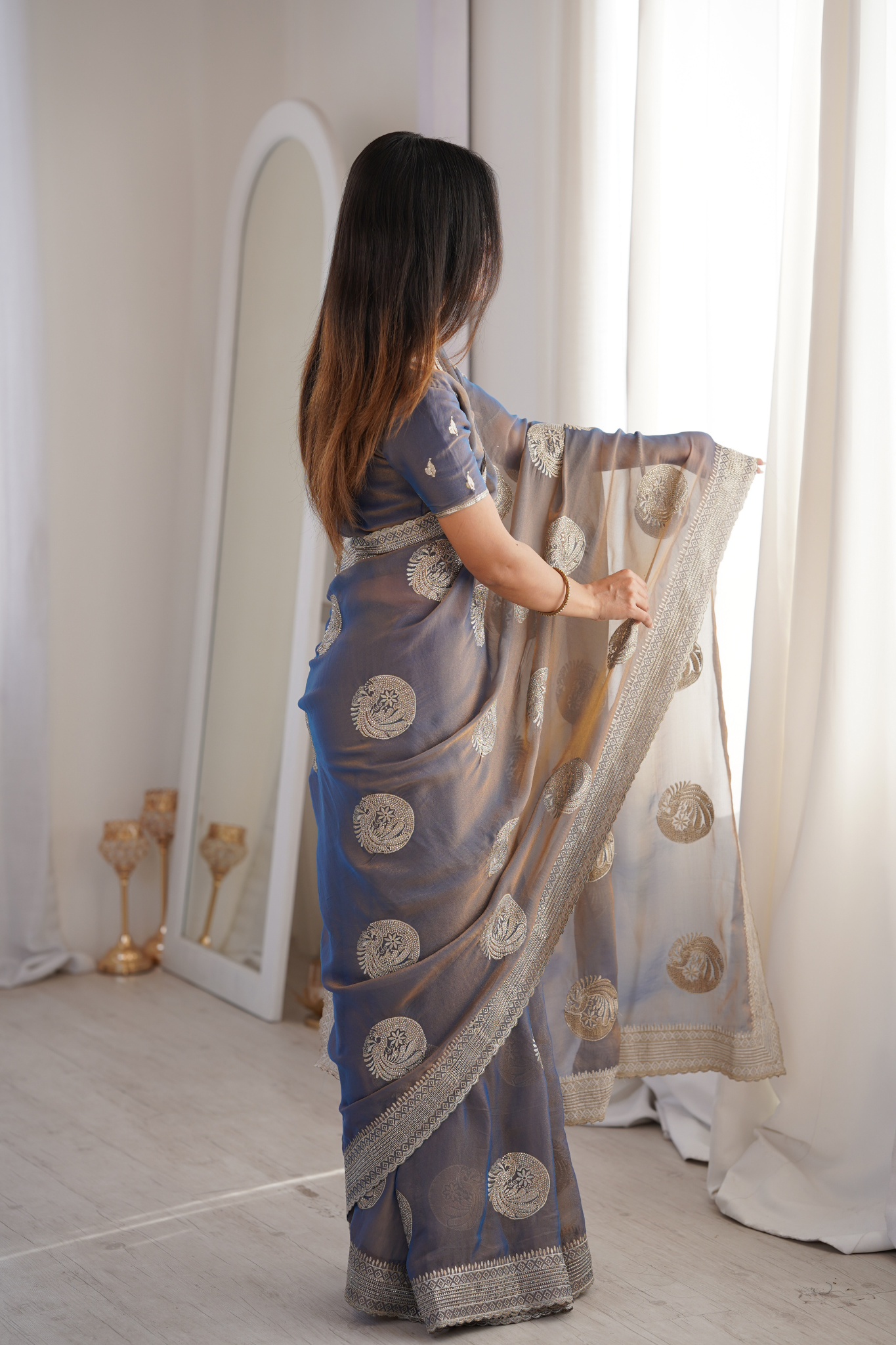 Women Organza Saree with Silver Zari Embroidery Border