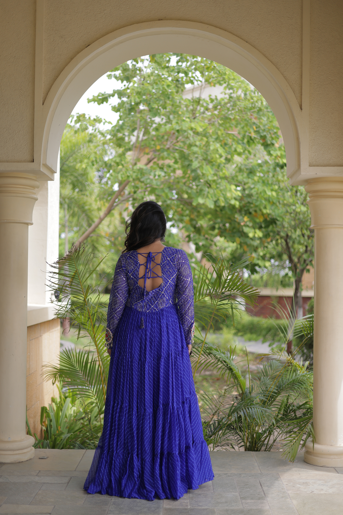 Navratri Special Bandhani Anarkali Gown with Mirror Work & Traditional Embroidered Yoke
